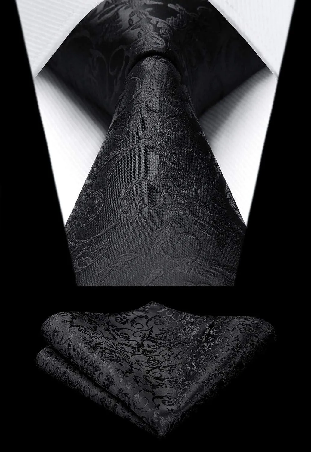 HISDERN Gilet da Uomo Nero Paisley Floreale Jacquard con Cravatta e Fazzoletto, Taglia L - immagine 2