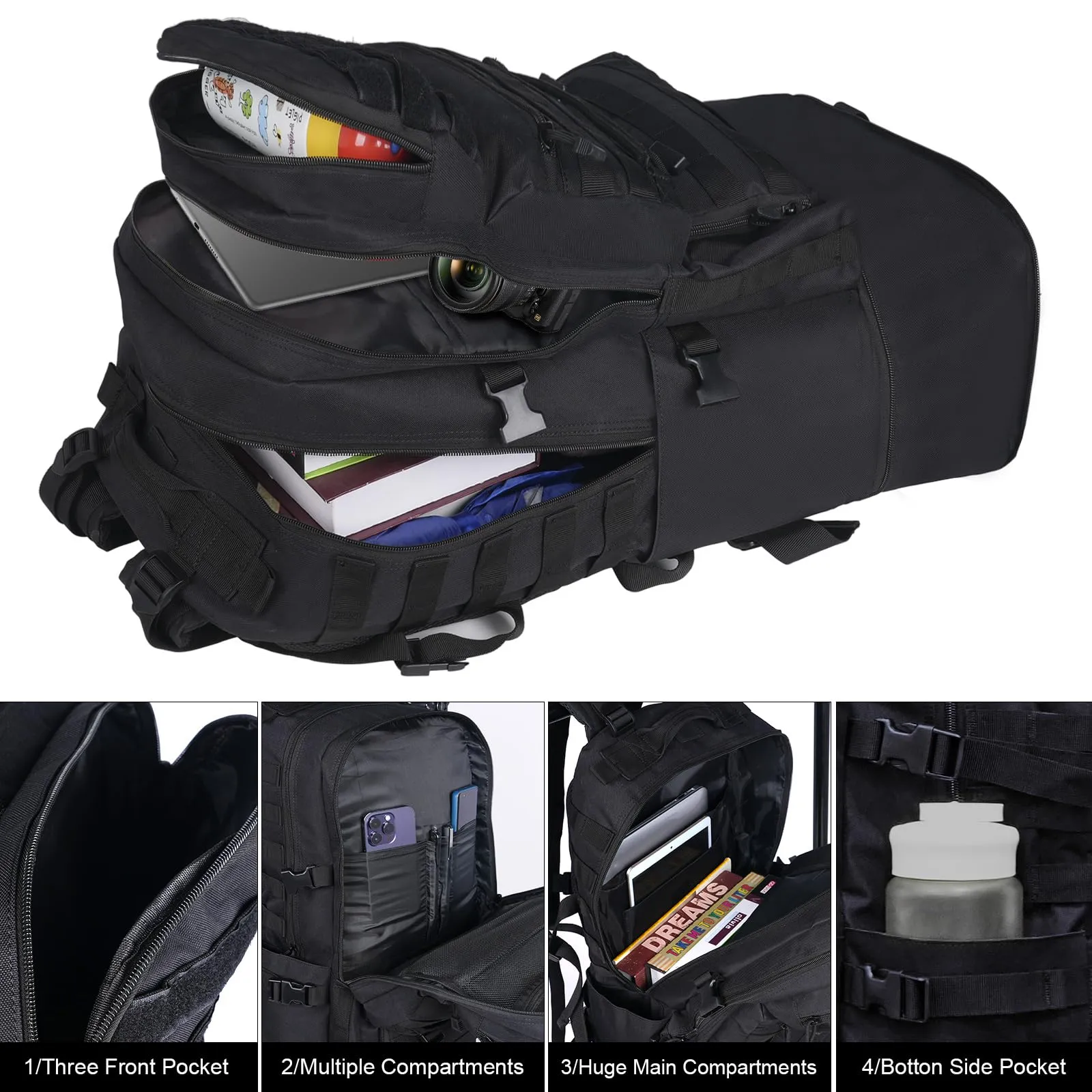 Oreunik Zaino Militare Tattico 60-75L Impermeabile Nero - immagine 3