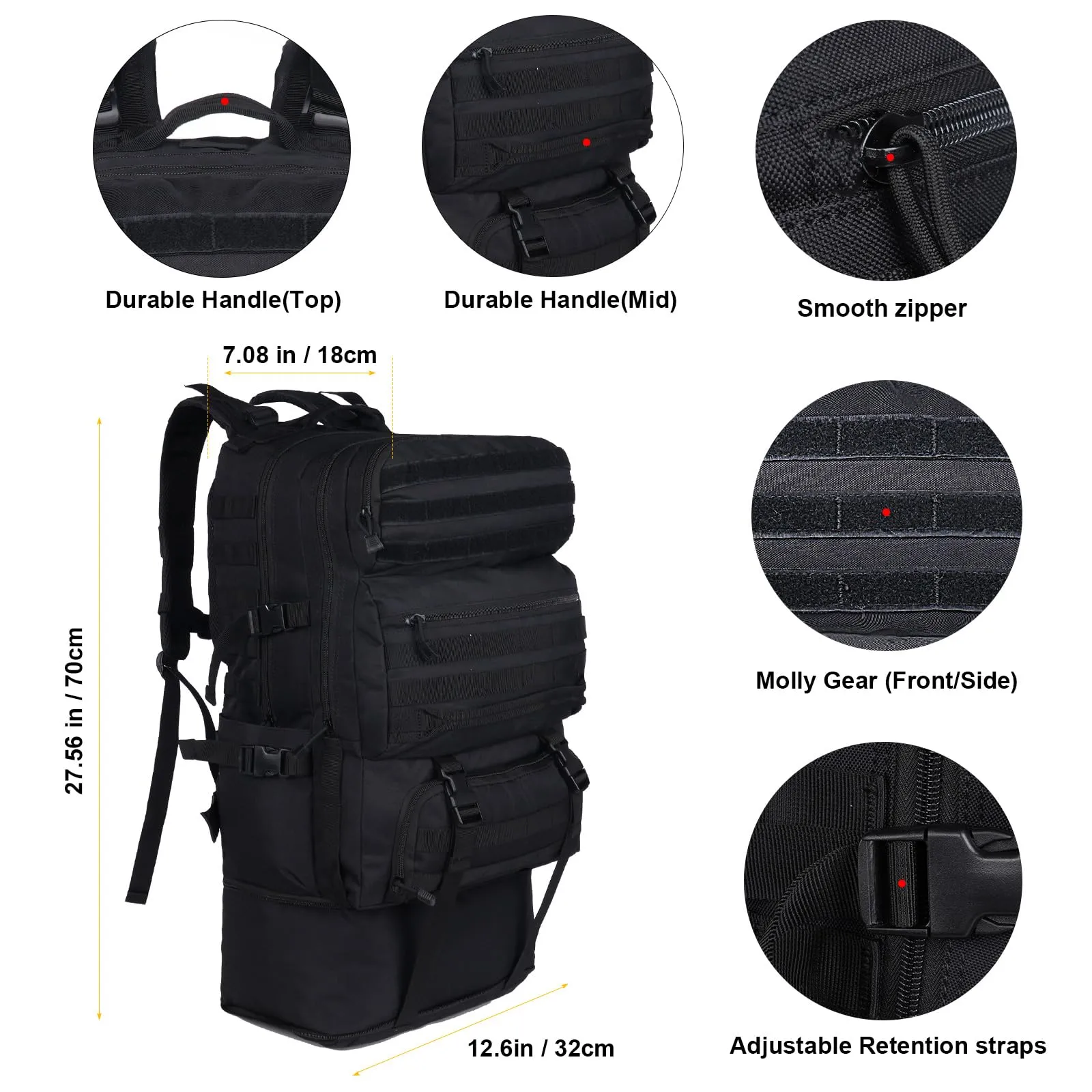 Oreunik Zaino Militare Tattico 60-75L Impermeabile Nero - immagine 4