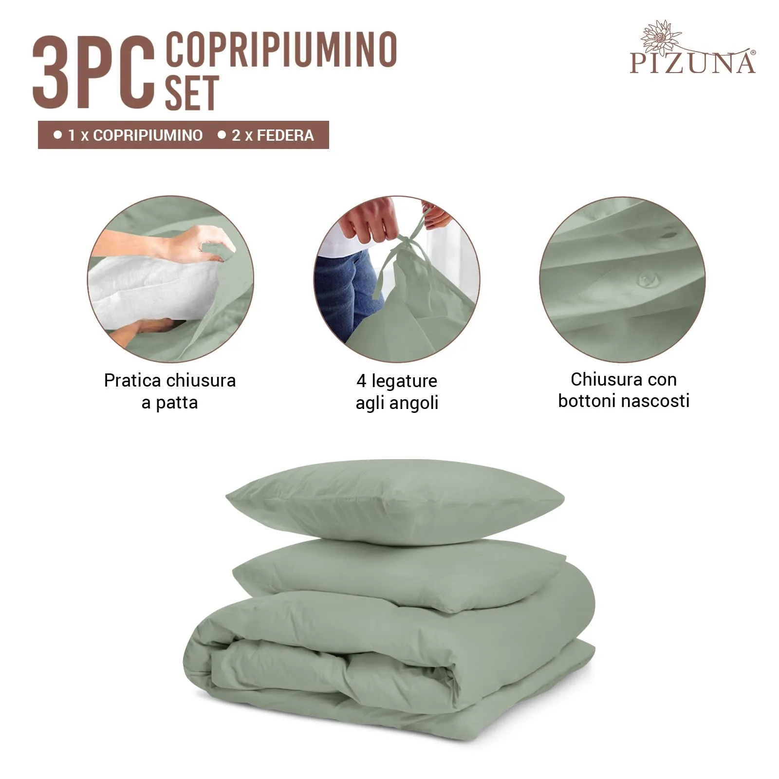 Pizuna Linens Set Copripiumino in Cotone 400 Fili, 240x200 cm, Verde, 3 Pezzi - immagine 3