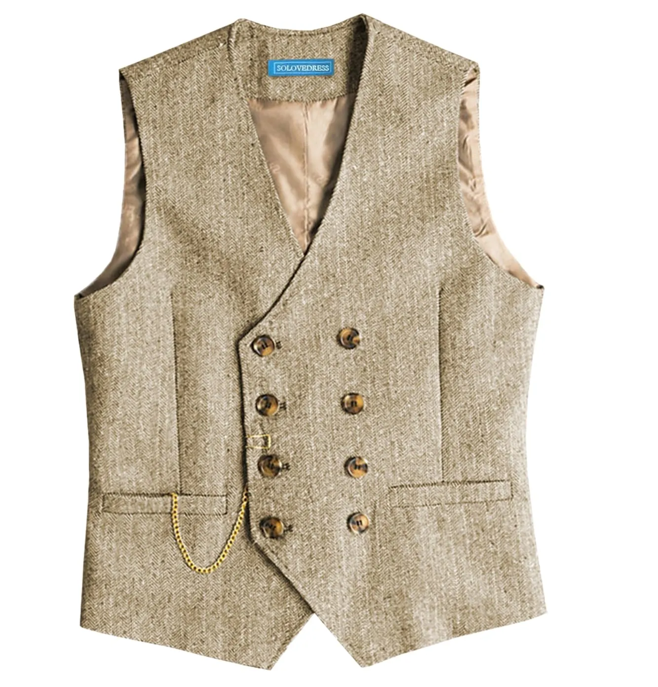 Solovedress Gilet da Uomo Vintage in Tweed Doppiopetto, Champagne, 3XL - immagine 1