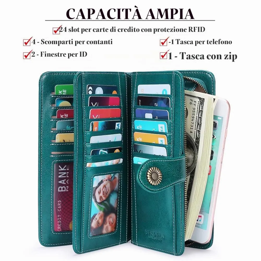 SENDEFN Portafoglio Donna in Pelle con Bloccaggio RFID e 24 Slot per Carte - immagine 5
