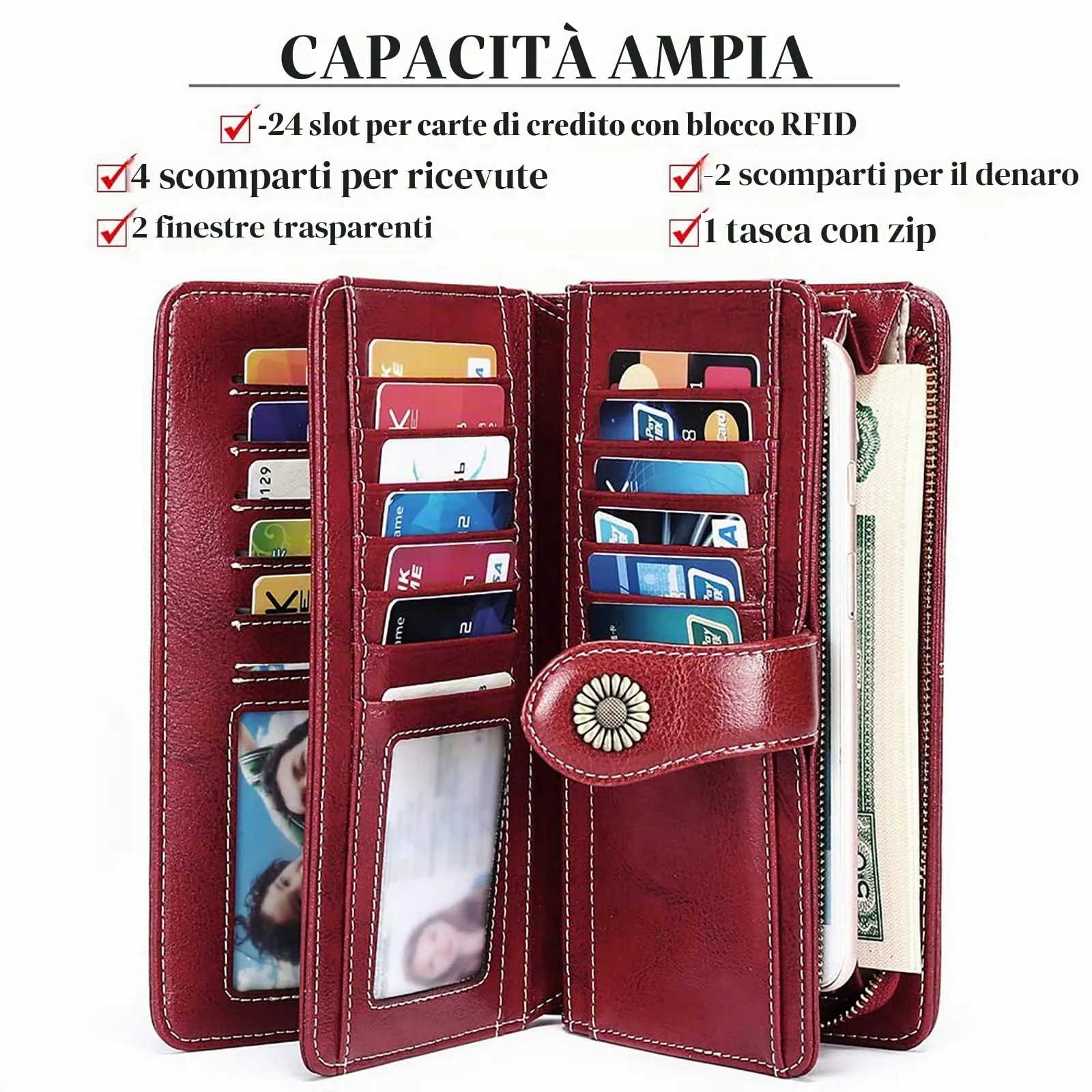 SENDEFN Portafoglio Donna in Pelle con Blocco RFID, Portamonete con Cerniera e 24 Slot per Carte - immagine 5