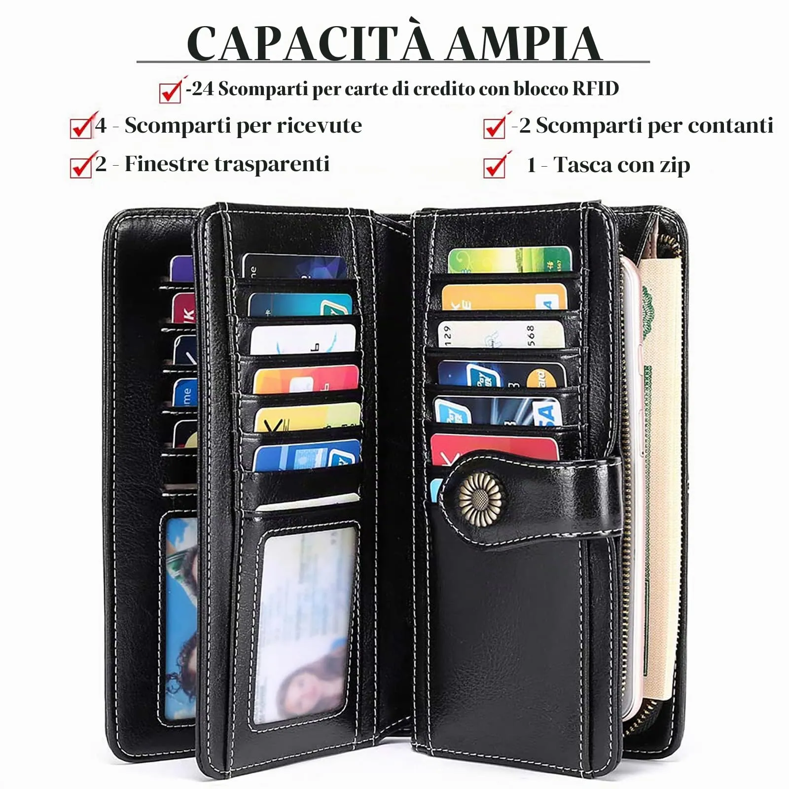 SENDEFN Portafoglio Donna in Pelle con Blocco RFID e Cerniera, 24 Slot per Carte - immagine 5