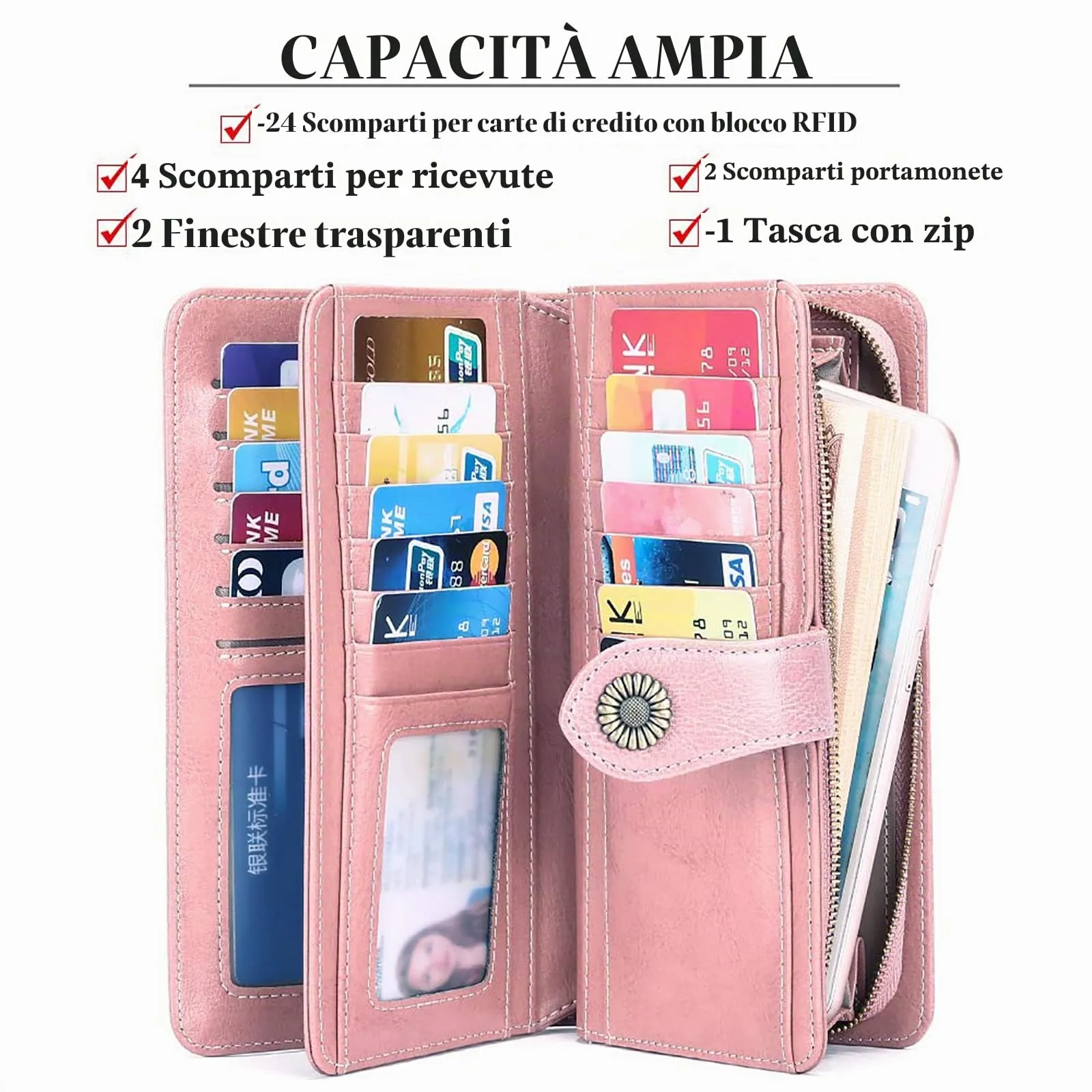 SENDEFN Portafoglio Donna in Pelle con Blocco RFID, Portamonete con Cerniera e 24 Slot per Carte - immagine 5