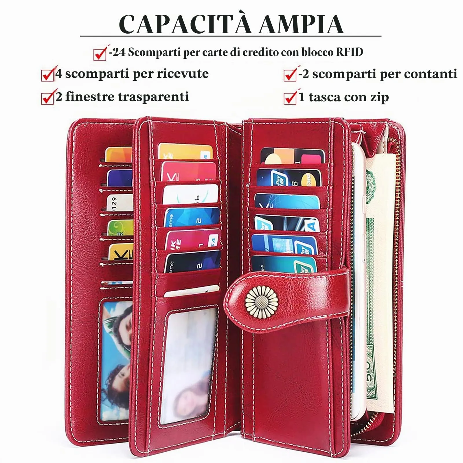 SENDEFN Portafoglio Donna in Pelle con Blocco RFID, Portamonete con Cerniera e 24 Slot per Carte - immagine 5