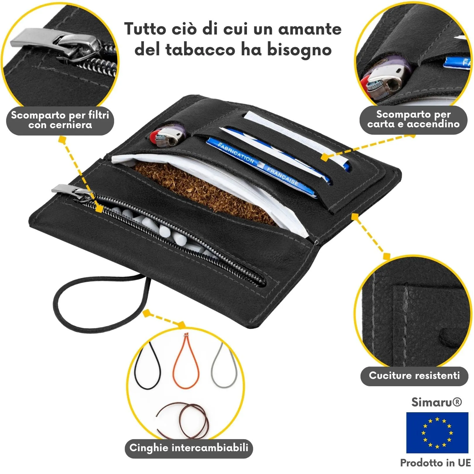 Simaru Porta Tabacco in Vera Pelle con Scomparti per Cartine, Filtri e Accendino, Nero - immagine 2