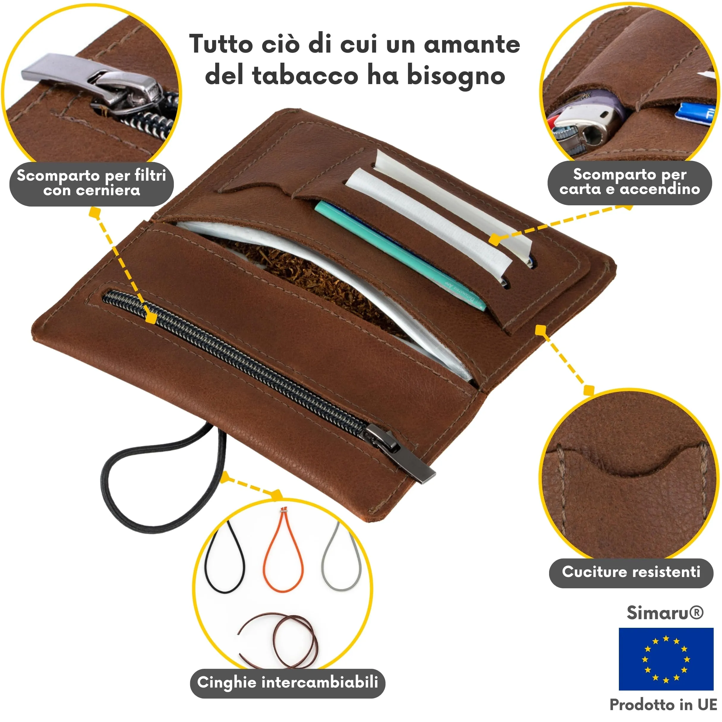 Simaru Porta Tabacco in Vera Pelle Marrone chiaro con Scomparti per Cartine, Filtri e Accendino - immagine 2