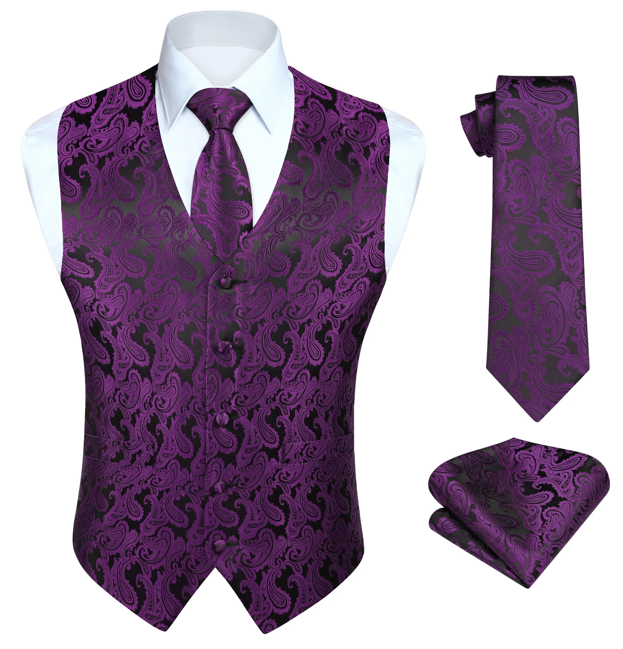 HISDERN Gilet da Uomo Viola Paisley Floreale Jacquard con Cravatta e Fazzoletto, 3XL - immagine 1