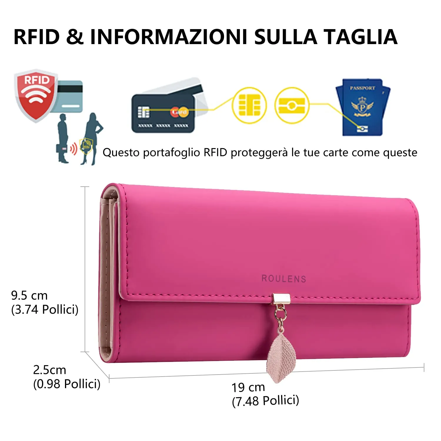 Roulens Portafoglio da donna in pelle sintetica con blocco RFID e bottoni a pressione a forma di foglia - immagine 2
