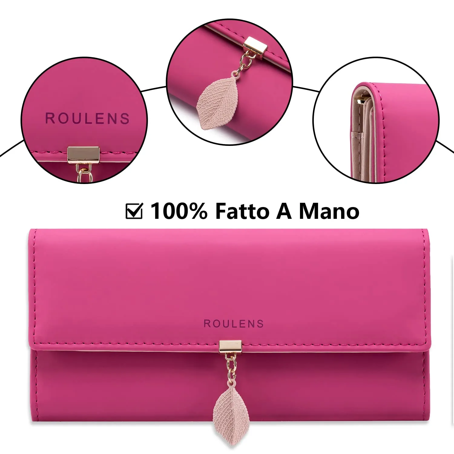 Roulens Portafoglio da donna in pelle sintetica con blocco RFID e bottoni a pressione a forma di foglia - immagine 4