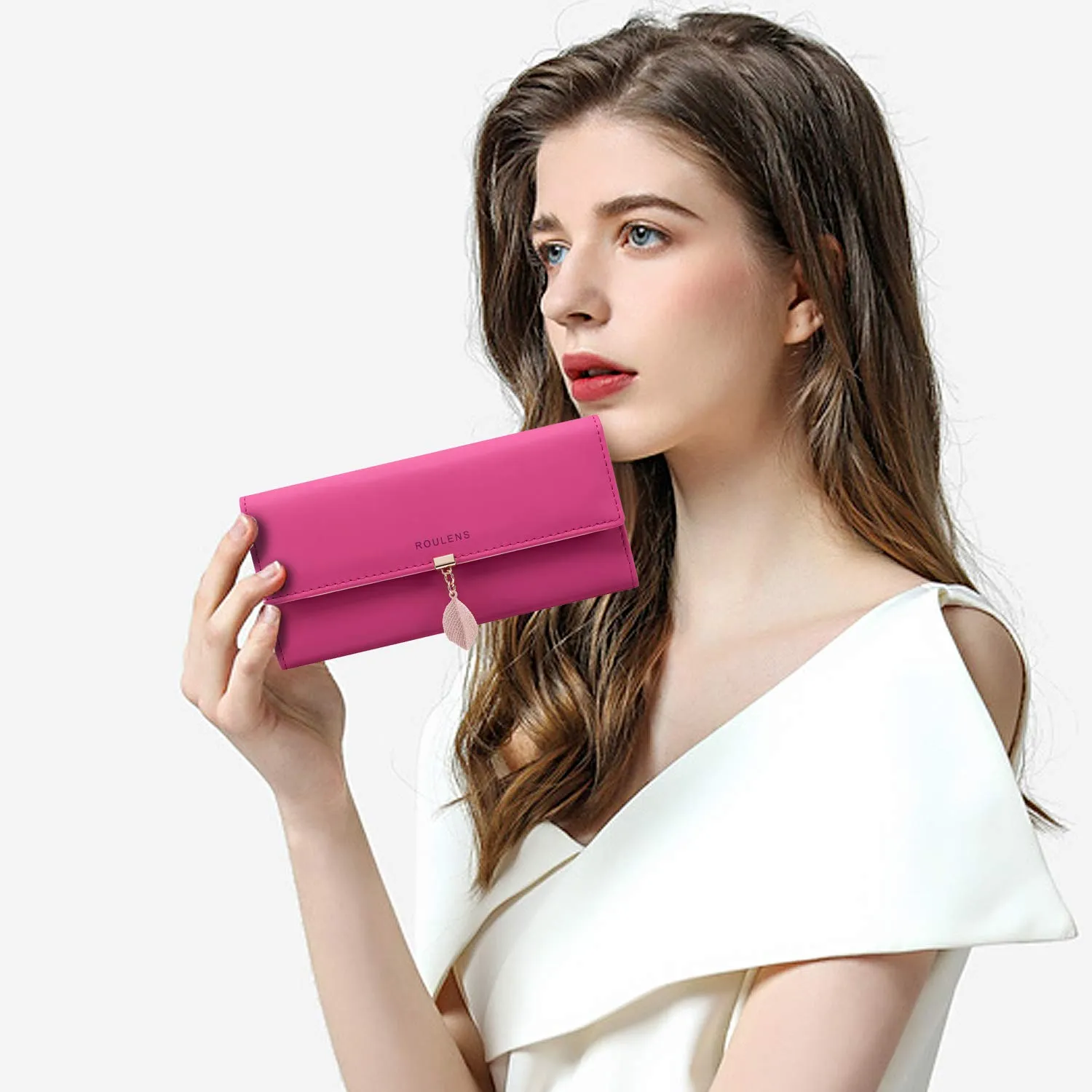 Roulens Portafoglio da donna in pelle sintetica con blocco RFID e bottoni a pressione a forma di foglia - immagine 6