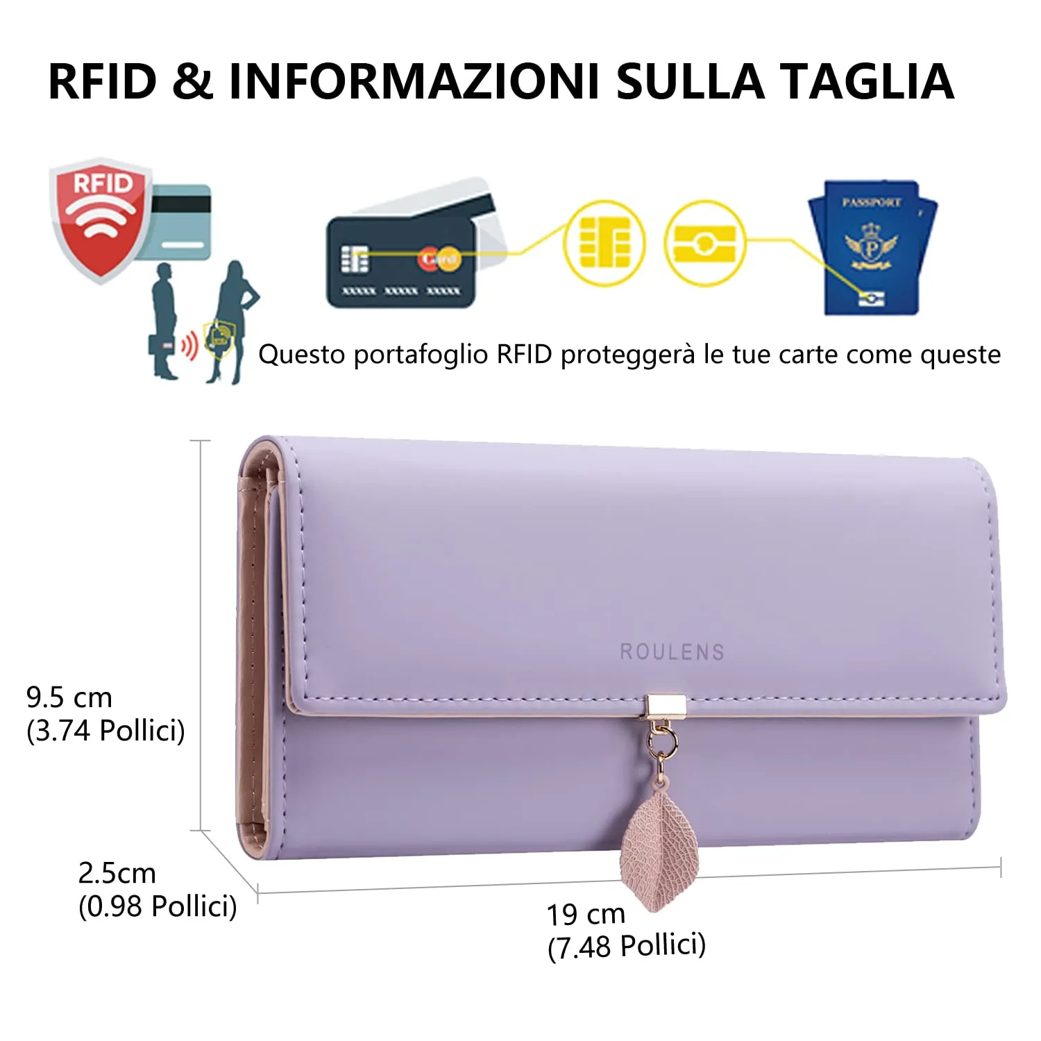 Roulens Portafoglio da donna in pelle sintetica con blocco RFID e bottoni a pressione a forma di foglia - immagine 2