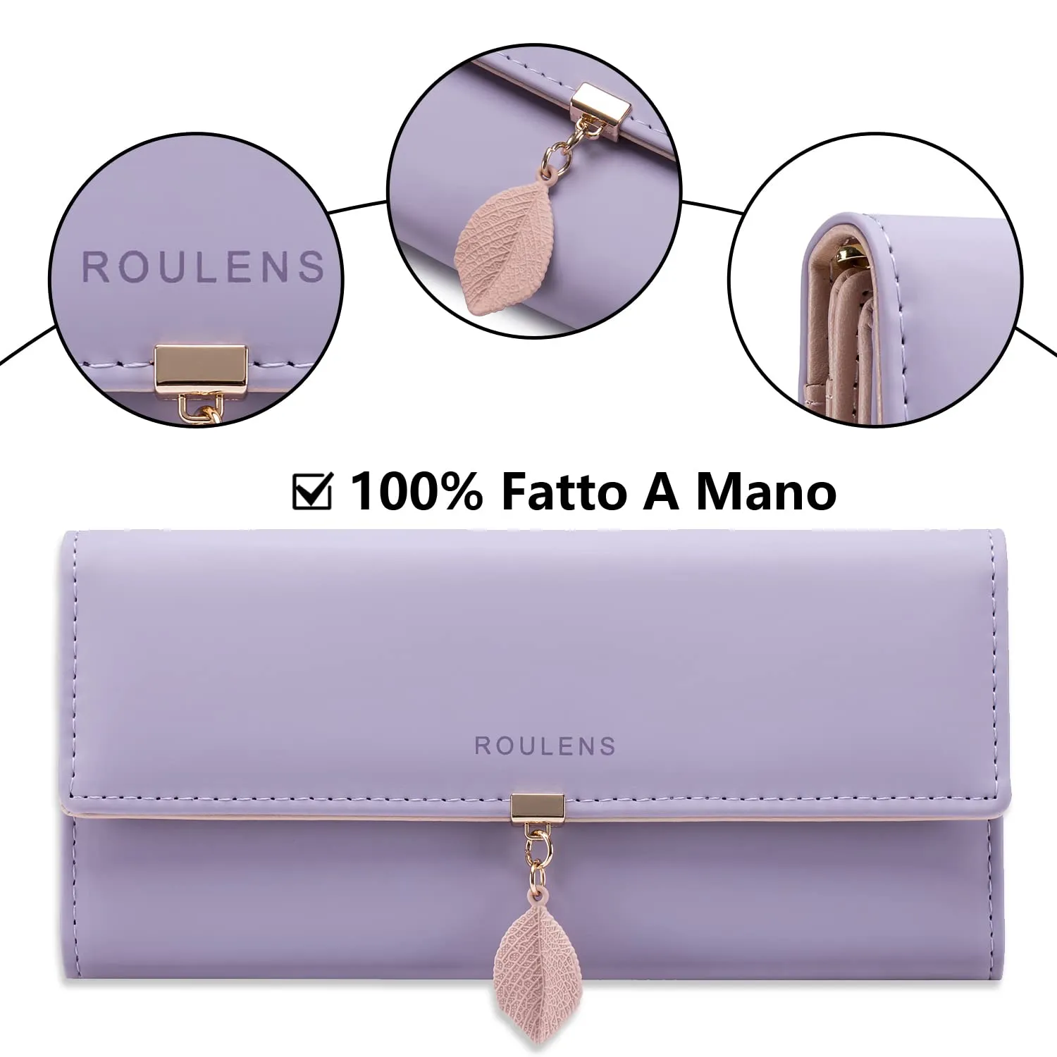 Roulens Portafoglio da donna in pelle sintetica con blocco RFID e bottoni a pressione a forma di foglia - immagine 4