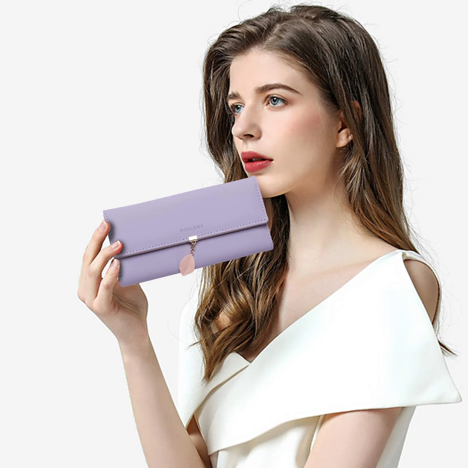 Roulens Portafoglio da donna in pelle sintetica con blocco RFID e bottoni a pressione a forma di foglia - immagine 6