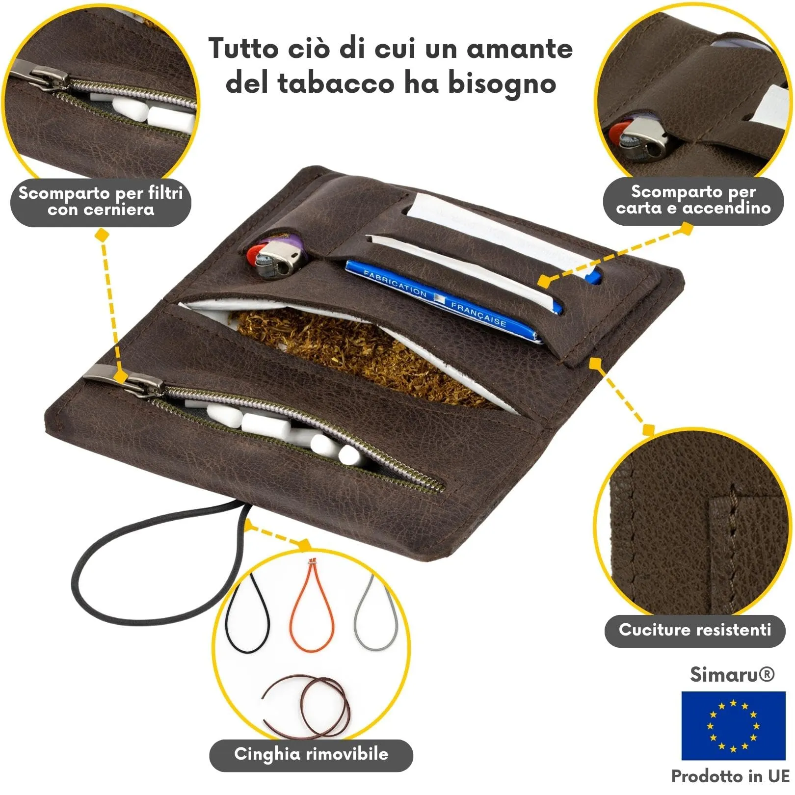 Simaru Porta Tabacco in Vera Pelle per Cartine, Filtri e Accendino, 15.5x8x1 cm - immagine 2