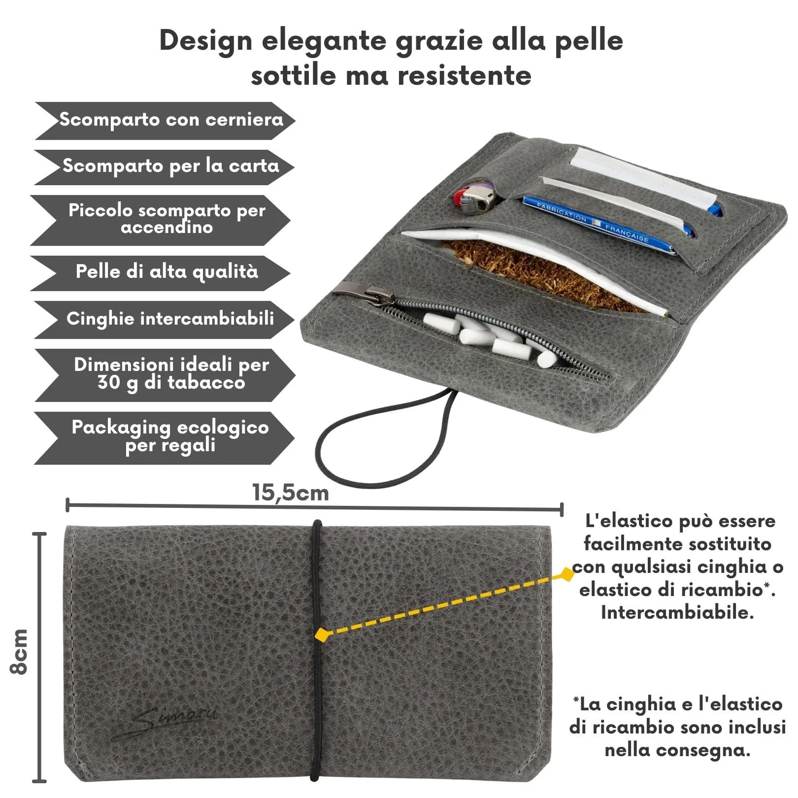 Simaru Porta Tabacco in Vera Pelle Grigio con Scomparti per Cartine, Filtri e Accendino - immagine 2