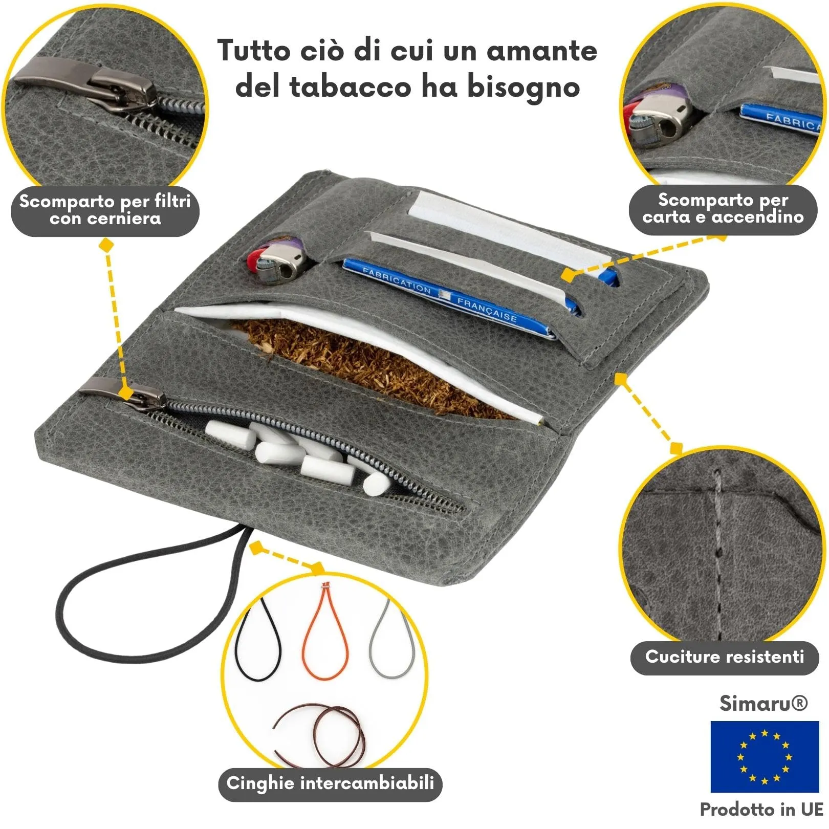 Simaru Porta Tabacco in Vera Pelle Grigio con Scomparti per Cartine, Filtri e Accendino - immagine 3