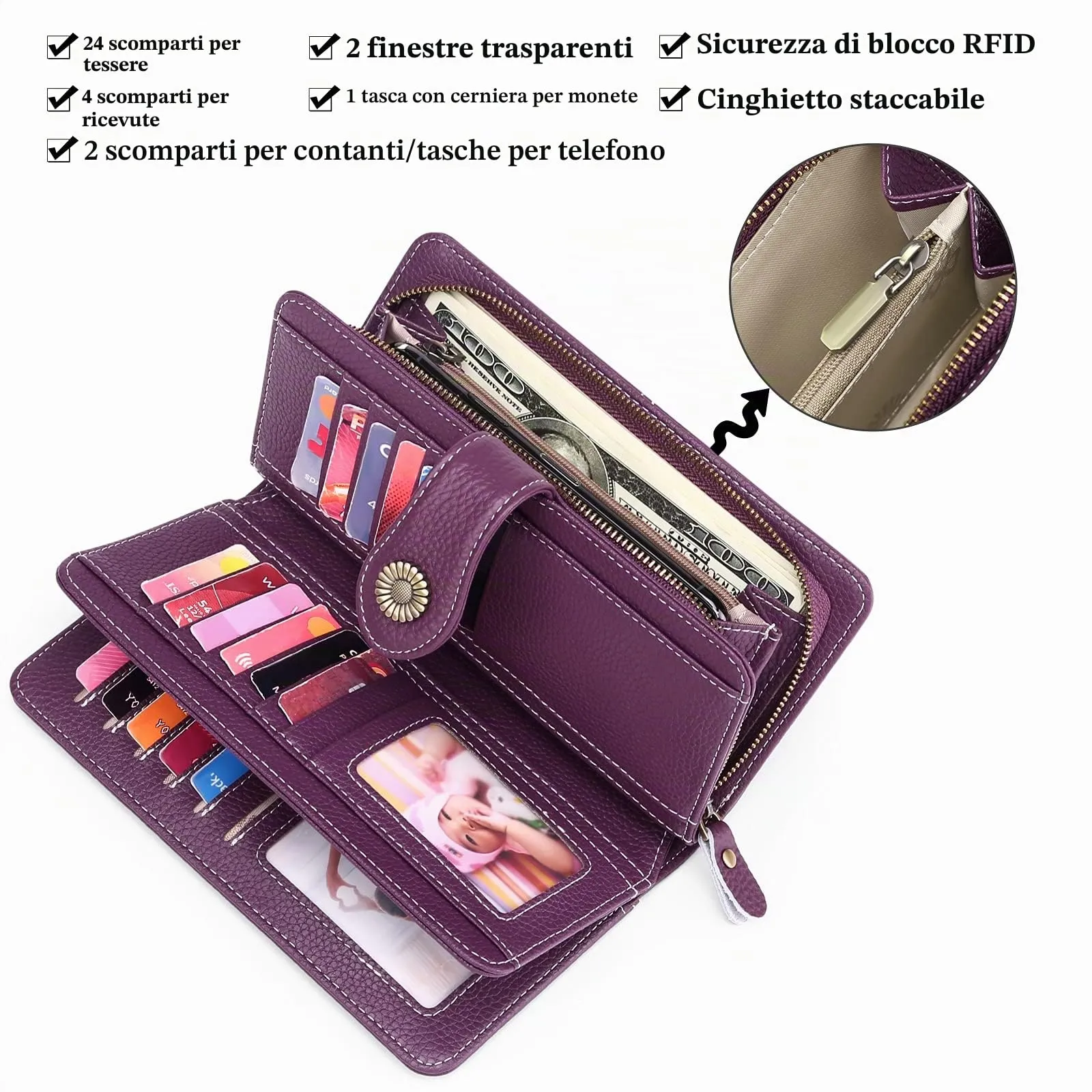 SENDEFN Portafoglio Donna in Pelle con Blocco RFID, Portamonete con Cerniera e 24 Slot per Carte - immagine 6