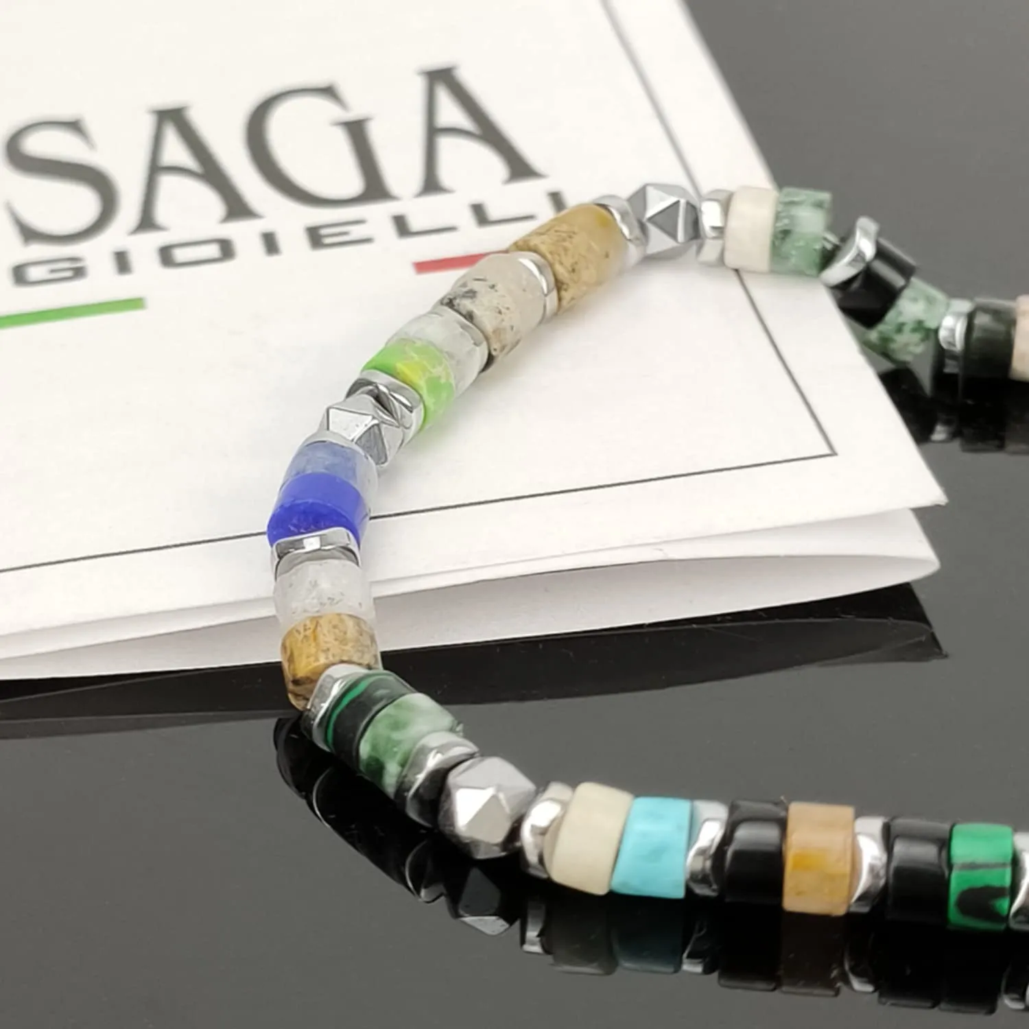 SAGA GIOIELLI Bracciale Uomo Rondelle Pietre Dure Acciaio Multicolor - immagine 2