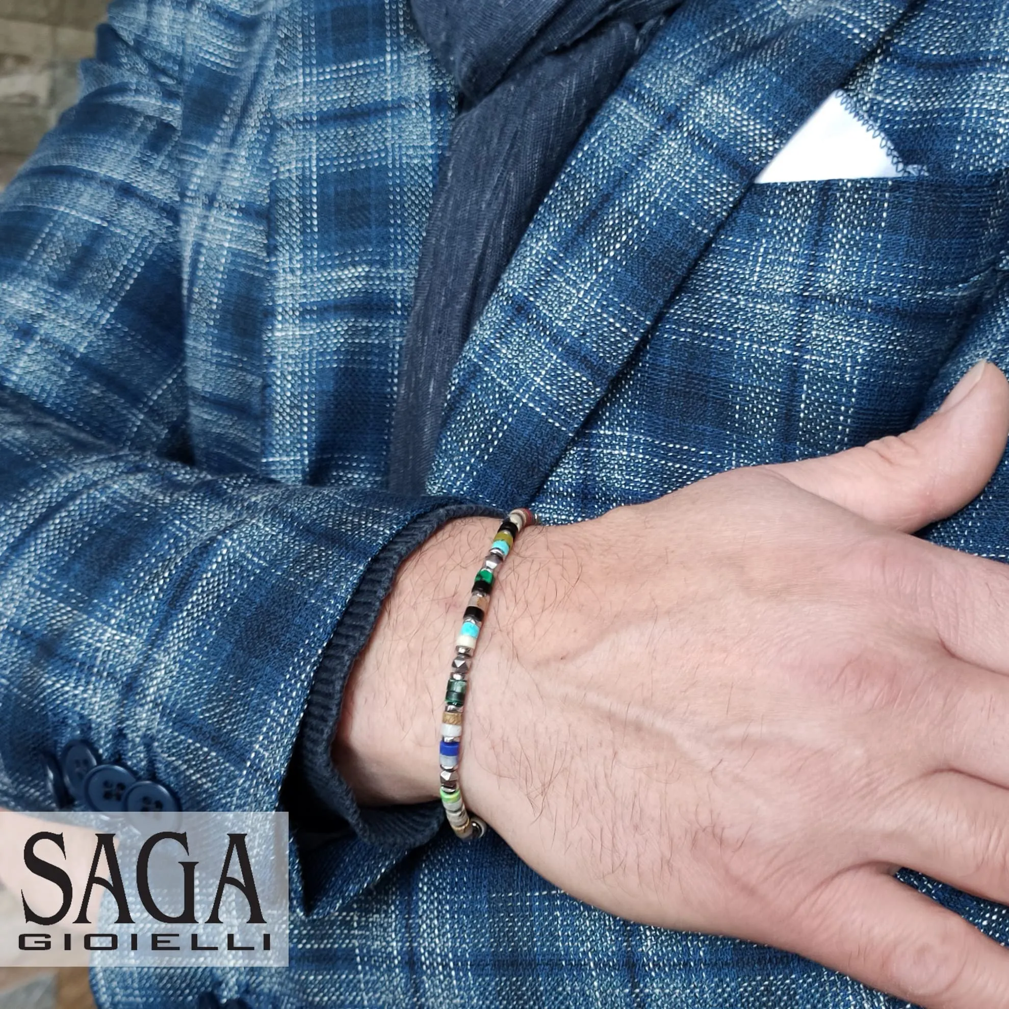 SAGA GIOIELLI Bracciale Uomo Rondelle Pietre Dure Acciaio Multicolor - immagine 7