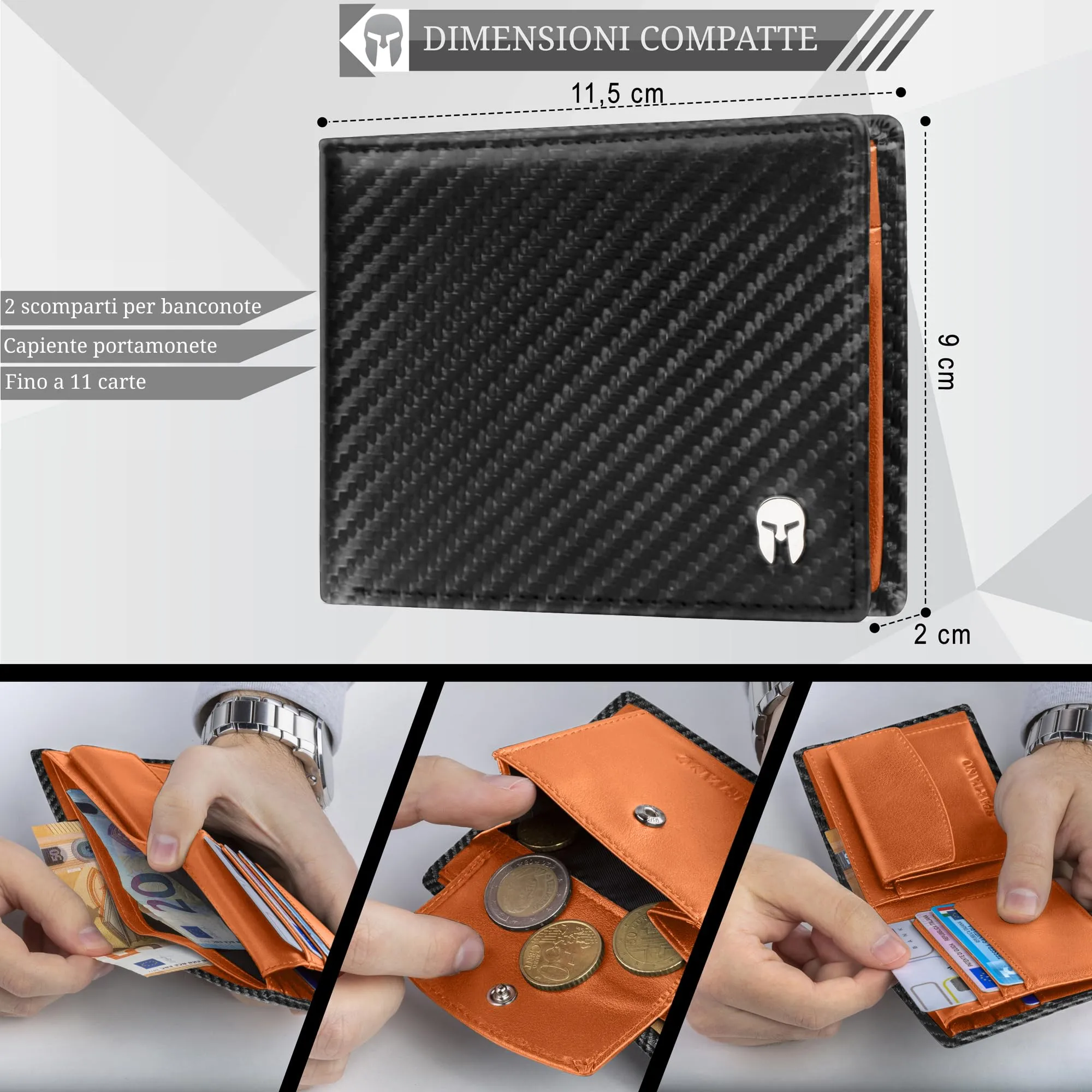 Spartano Zeus Portafoglio Uomo in Pelle con Portamonete e Protezione RFID - Carbonio/Arancione - immagine 3