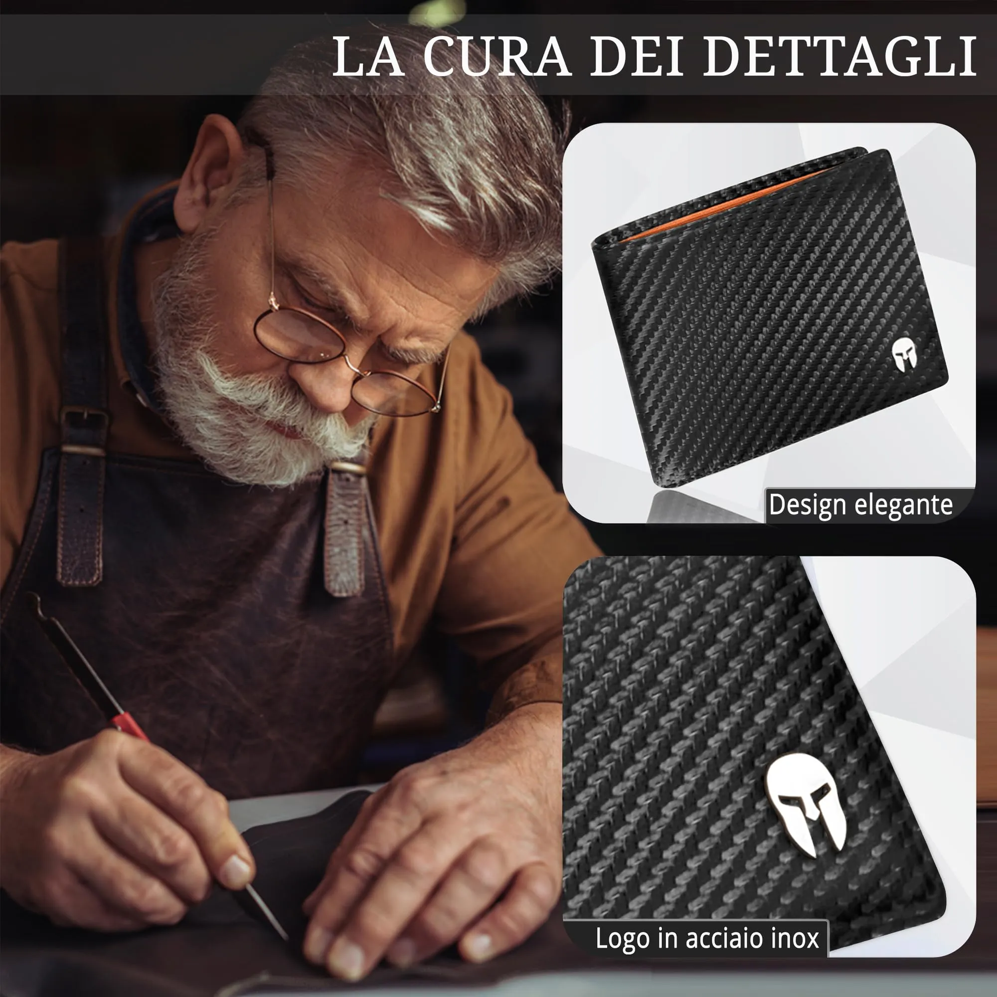 Spartano Zeus Portafoglio Uomo in Pelle con Portamonete e Protezione RFID - Carbonio/Arancione - immagine 7