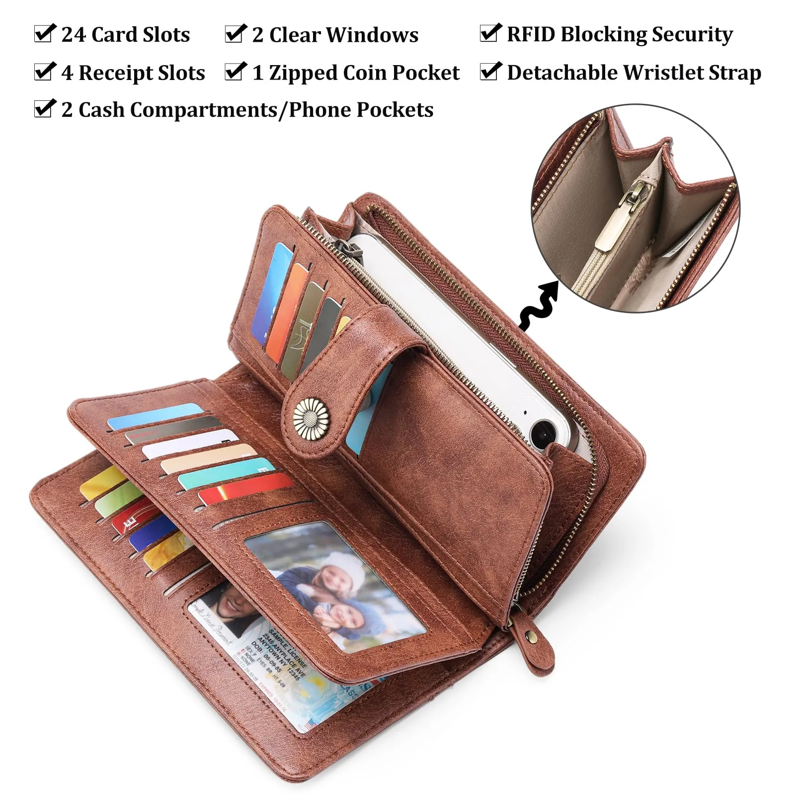 SENDEFN Portafoglio Donna in Pelle con Blocco RFID e Cerniera, 24 Slot per Carte - immagine 2