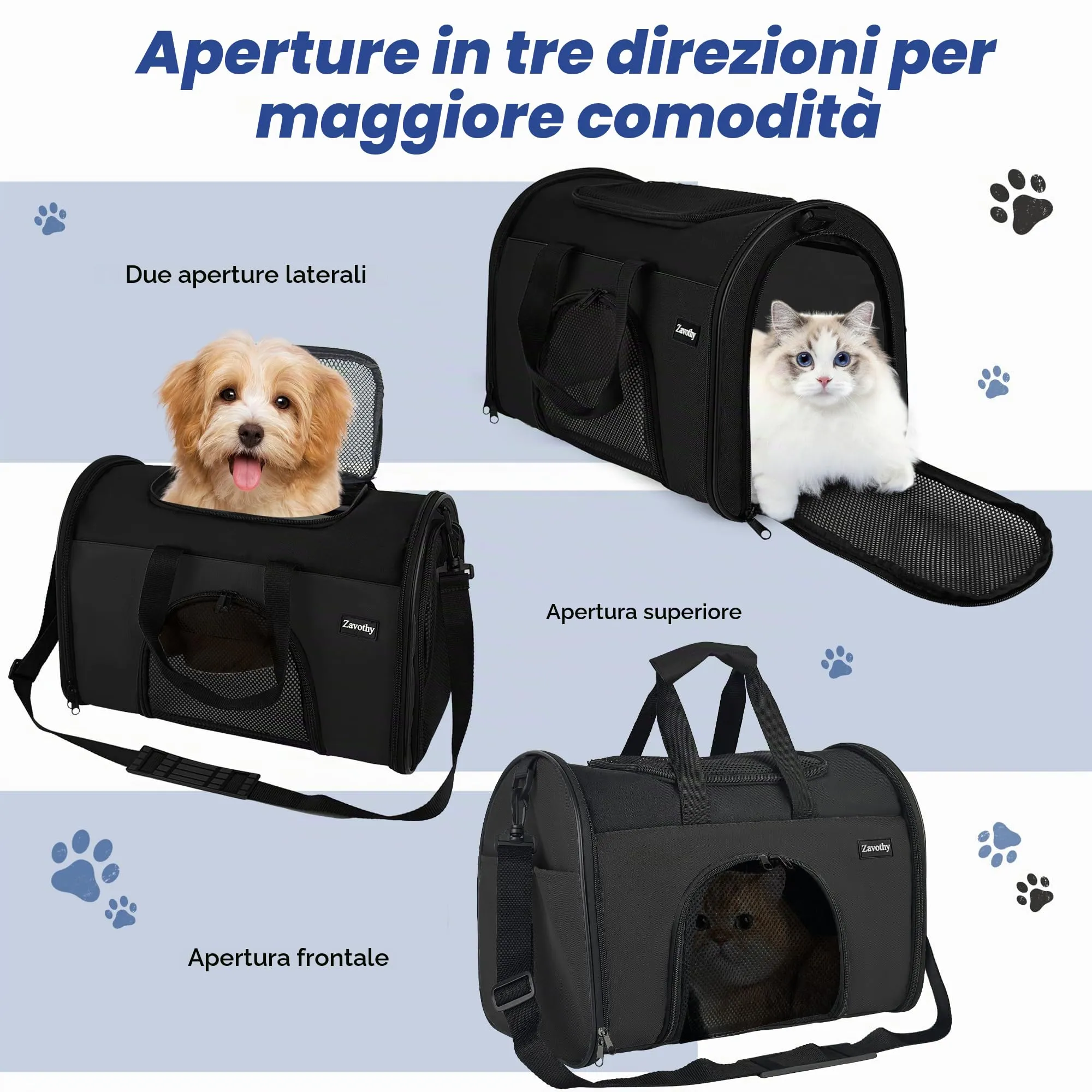 Zavothy Borsa Trasporto per Gatti e Cani, Traspirante e Pieghevole con Tracolla Regolabile e Materasso Rimovibile, Nero, S - immagine 4