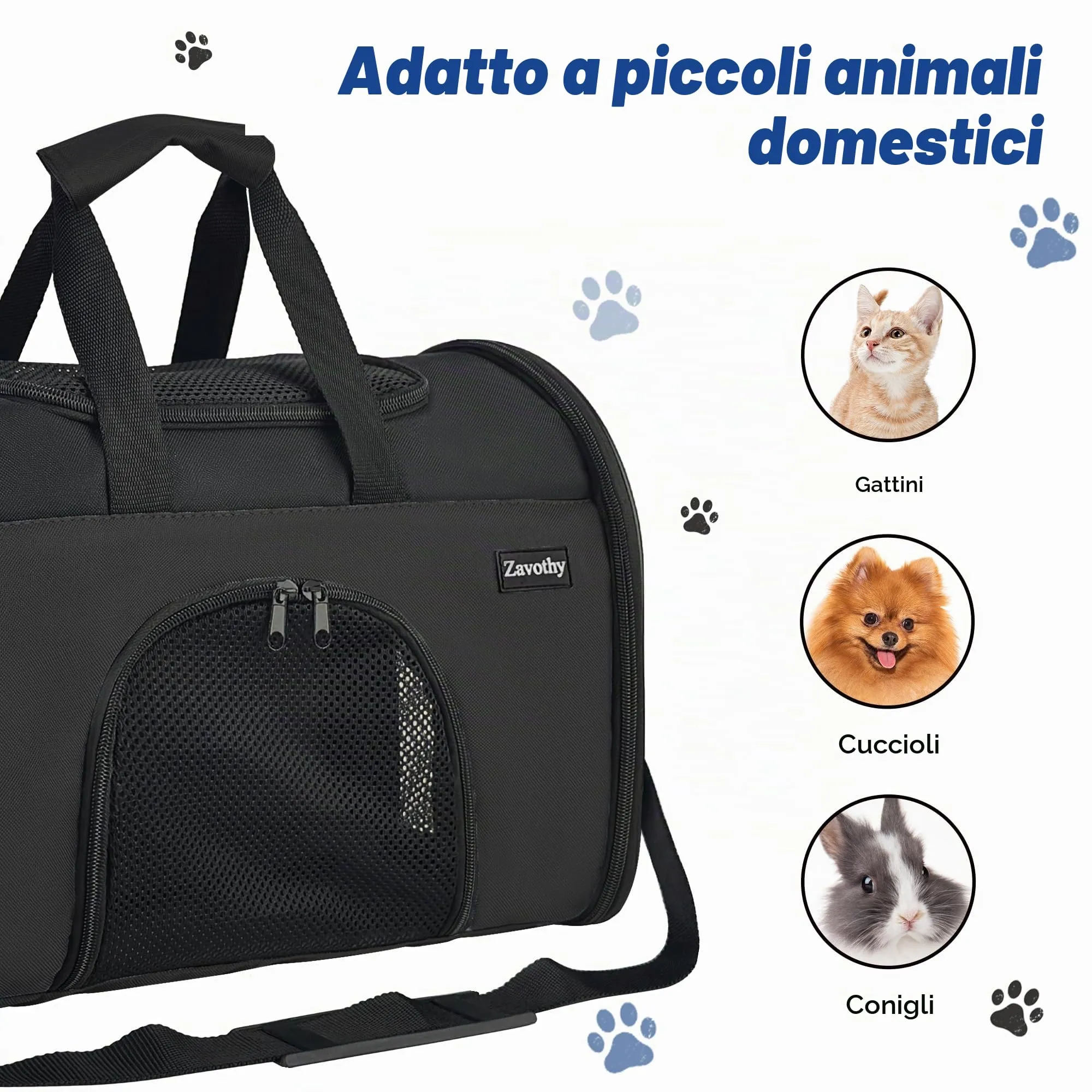 Zavothy Borsa Trasporto per Gatti e Cani, Traspirante e Pieghevole con Tracolla Regolabile e Materasso Rimovibile, Nero, S - immagine 5