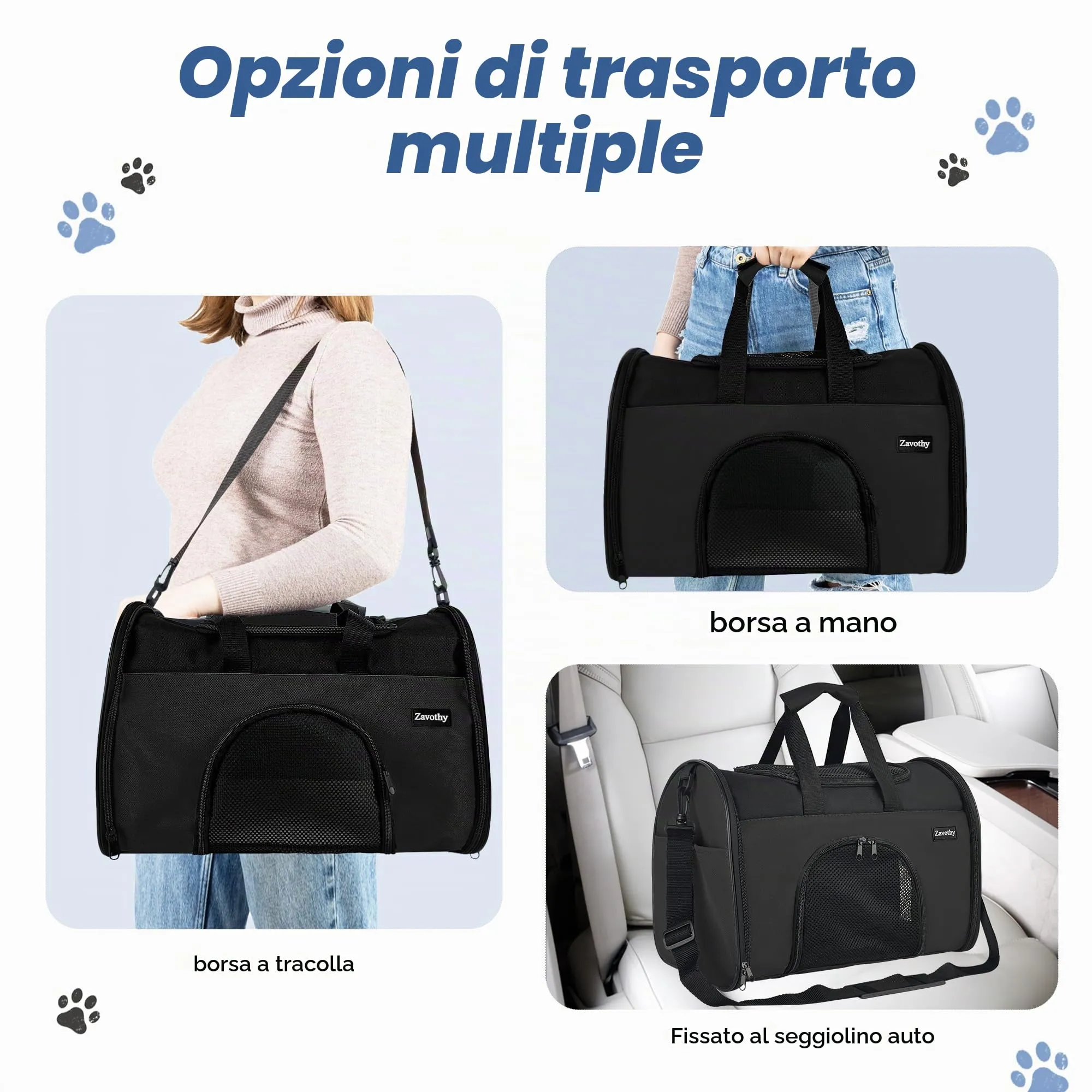Zavothy Borsa Trasporto per Gatti e Cani, Traspirante e Pieghevole con Tracolla Regolabile e Materasso Rimovibile, Nero, S - immagine 6