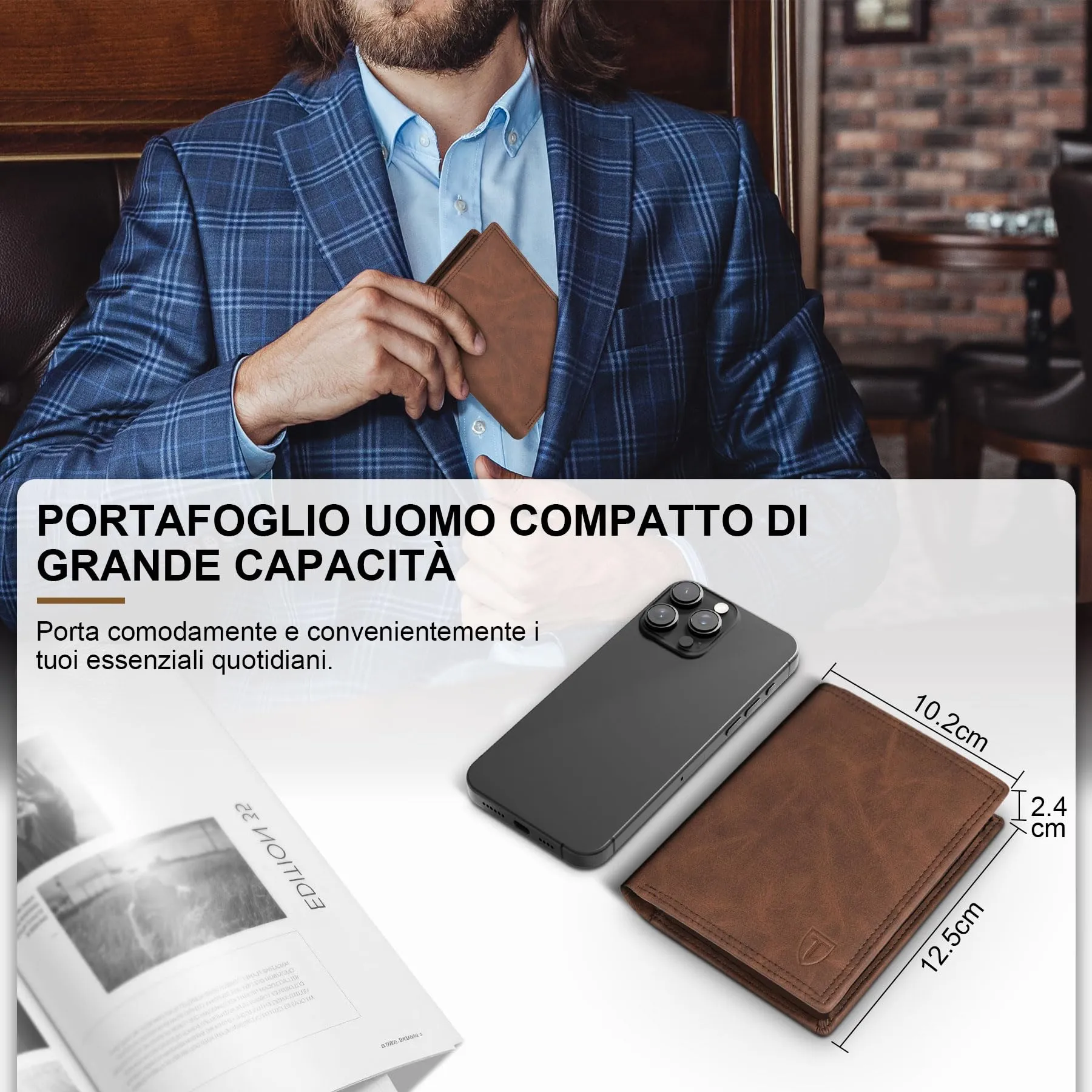 TEEHON Portafogli Uomo in Pelle RFID Slim, 12 Porta Carte, ID e Foto Window, Tasca Portamonete - Marrone - immagine 2
