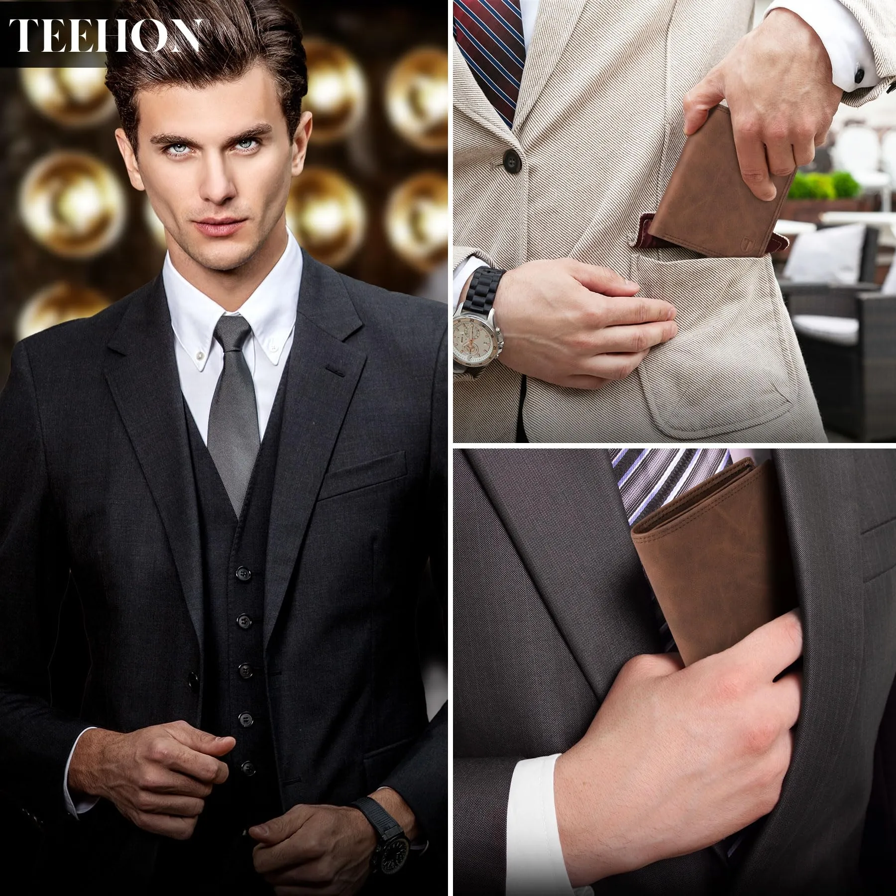 TEEHON Portafogli Uomo in Pelle RFID Slim, 12 Porta Carte, ID e Foto Window, Tasca Portamonete - Marrone - immagine 3