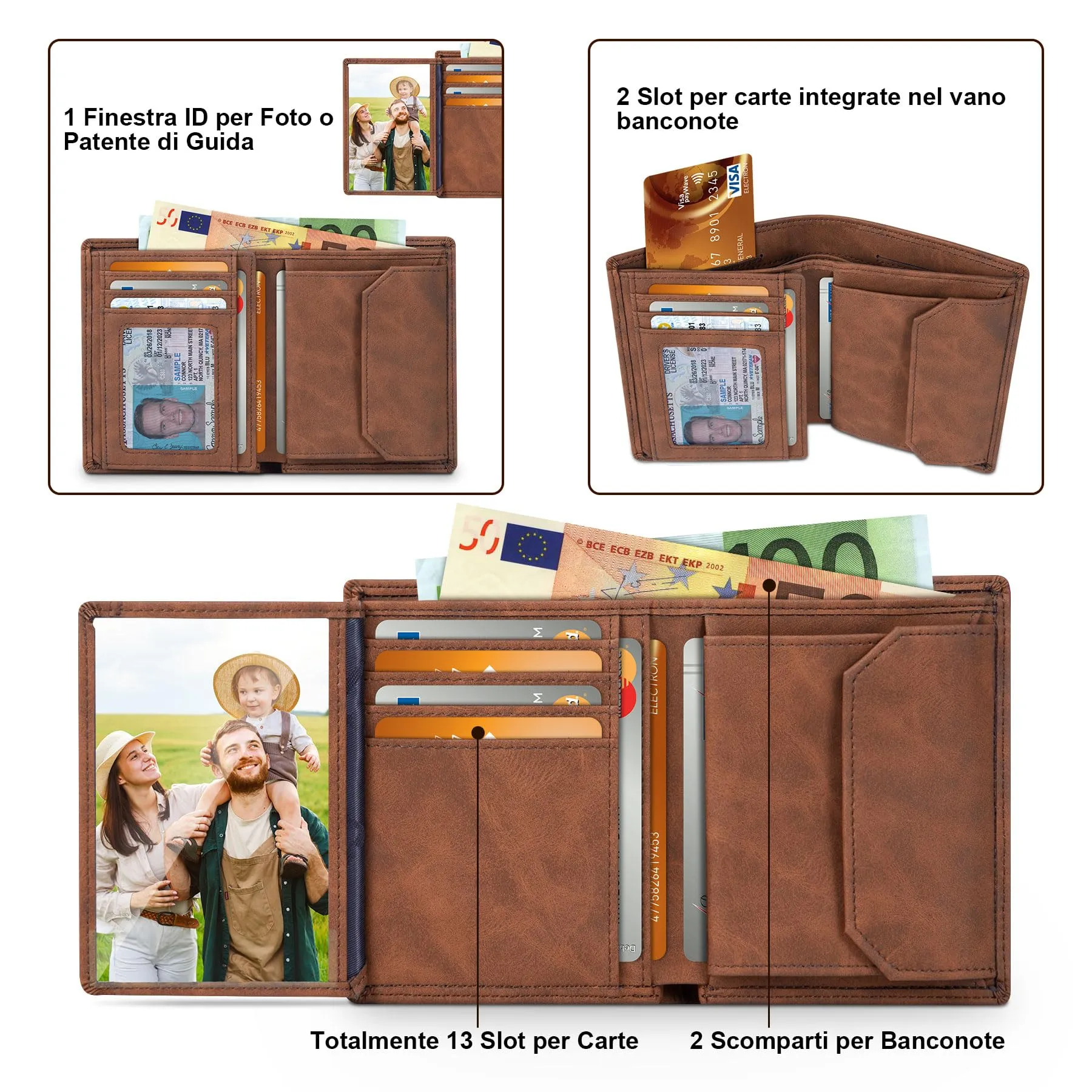 TEEHON Portafogli Uomo in Pelle RFID Slim, 12 Porta Carte, ID e Foto Window, Tasca Portamonete - Marrone - immagine 4