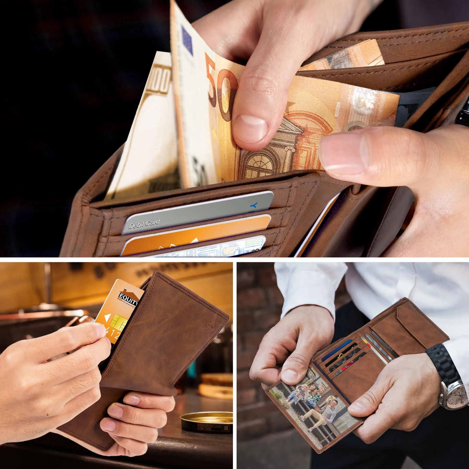 TEEHON Portafogli Uomo in Pelle RFID Slim, 12 Porta Carte, ID e Foto Window, Tasca Portamonete - Marrone - immagine 5