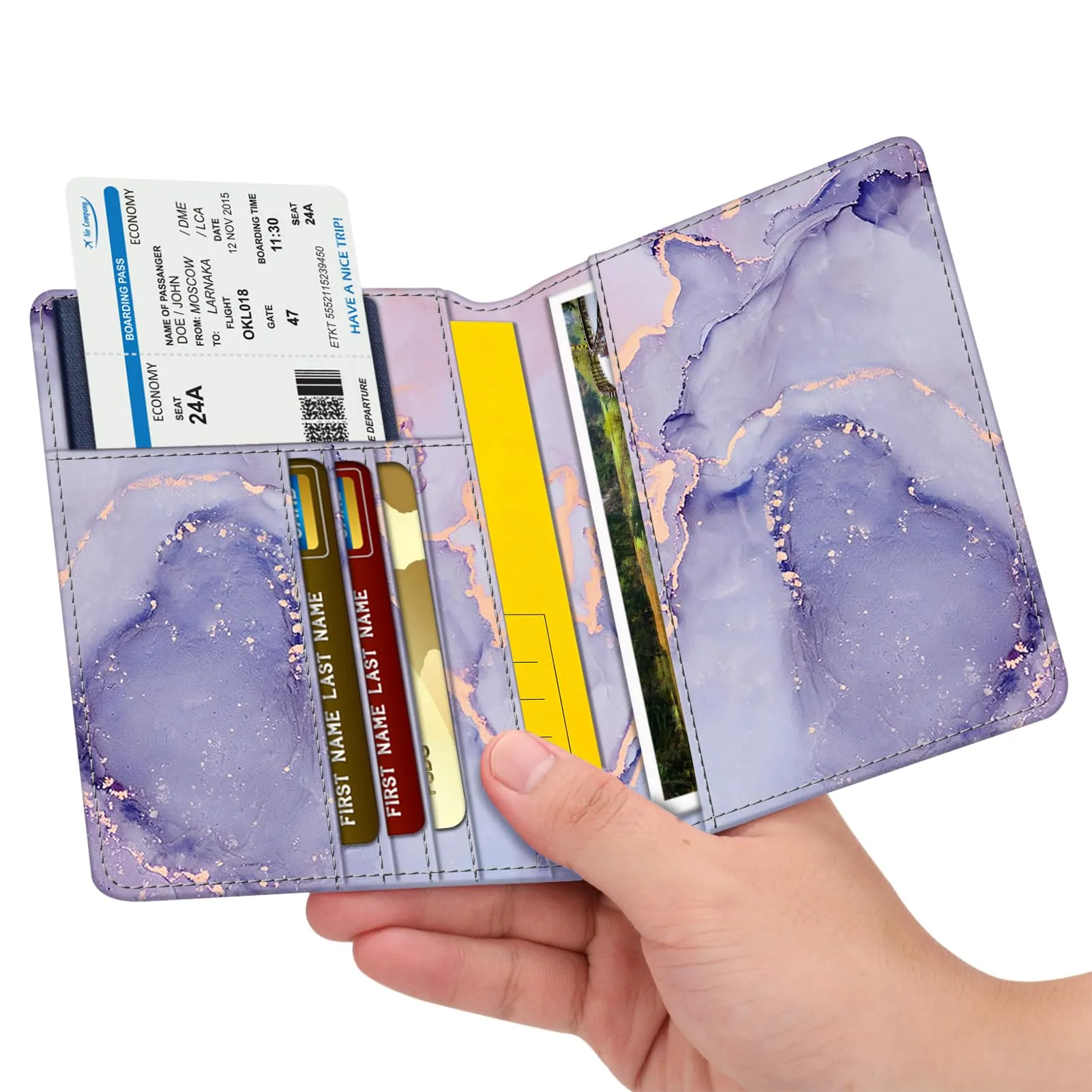 FINTIE Porta Passaporto Portafoglio RFID in Pelle Sintetica, Marmo Lilla - immagine 3