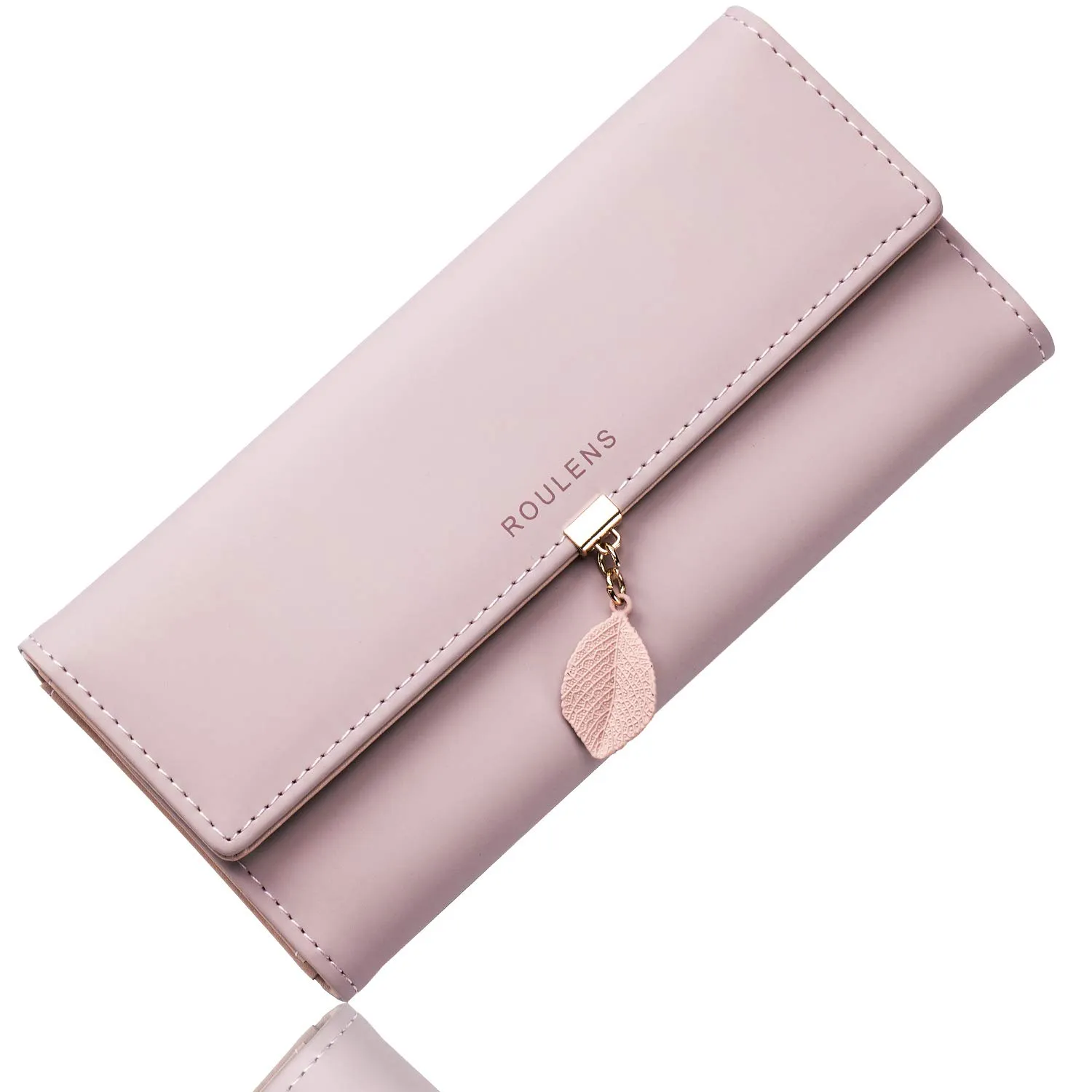 Roulens Portafoglio da donna in pelle sintetica con blocco RFID e bottoni a pressione a forma di foglia - immagine 1