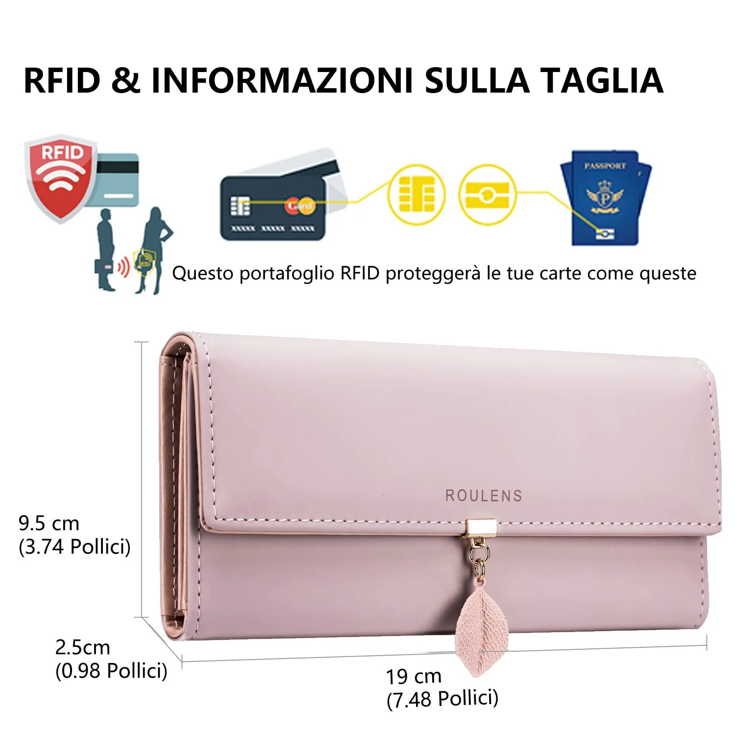 Roulens Portafoglio da donna in pelle sintetica con blocco RFID e bottoni a pressione a forma di foglia - immagine 2