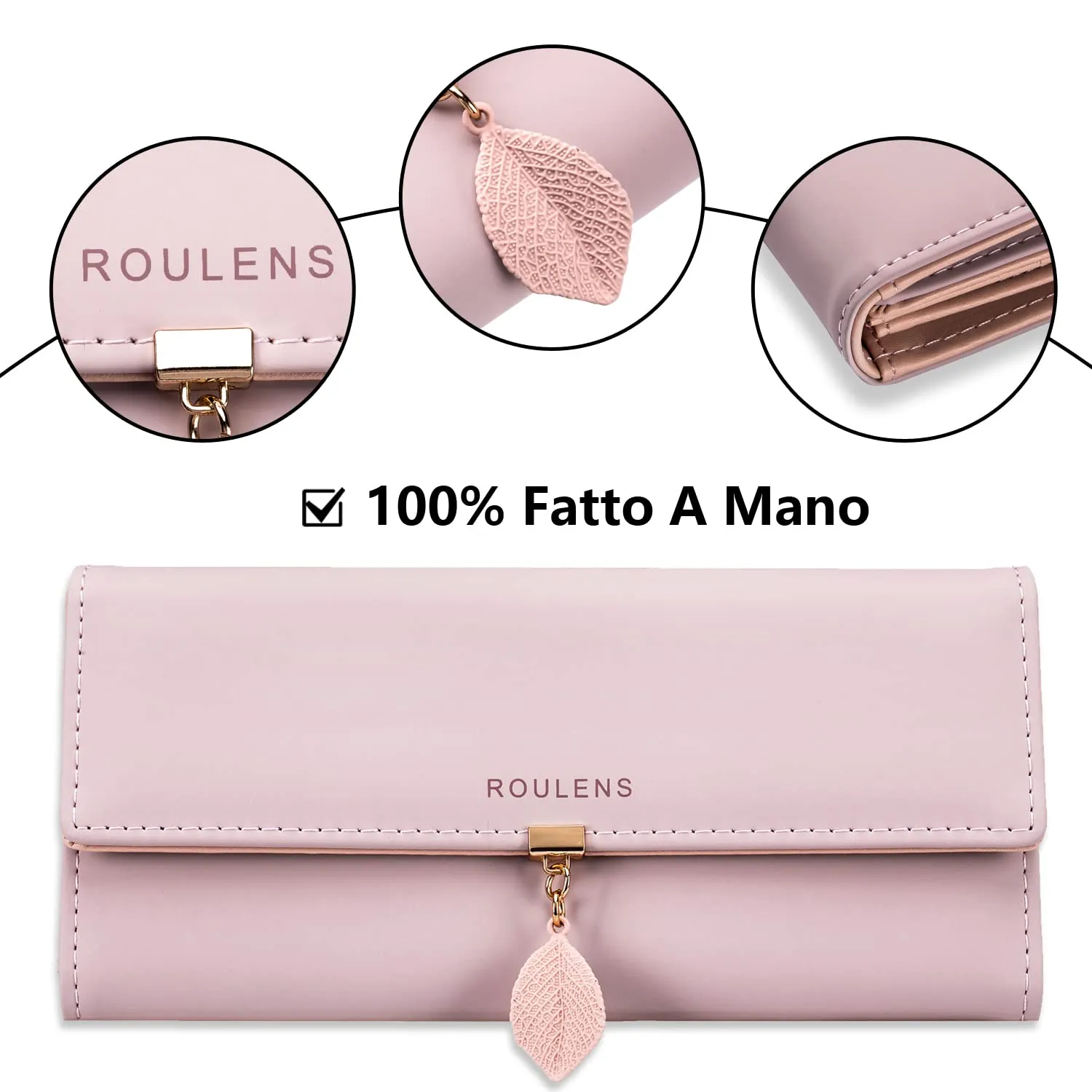 Roulens Portafoglio da donna in pelle sintetica con blocco RFID e bottoni a pressione a forma di foglia - immagine 4
