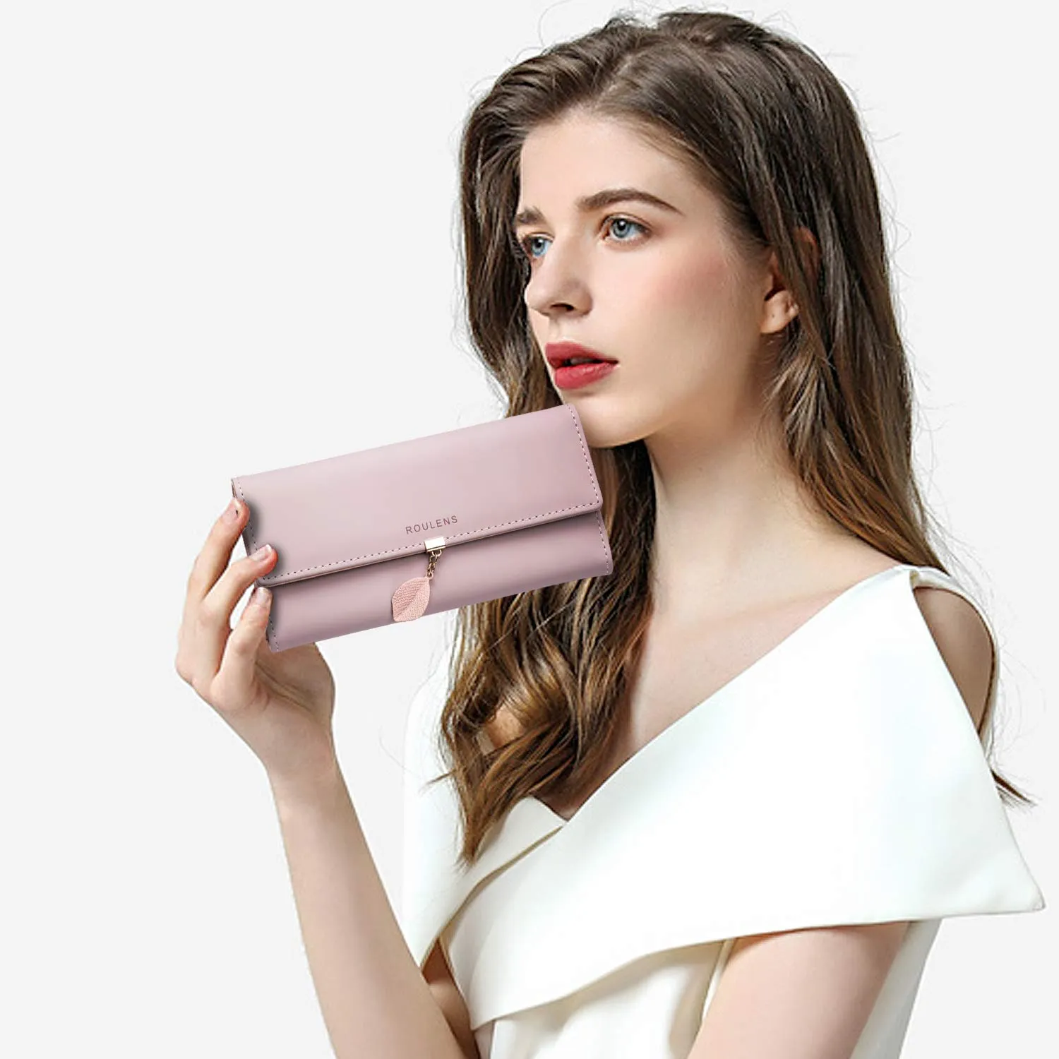 Roulens Portafoglio da donna in pelle sintetica con blocco RFID e bottoni a pressione a forma di foglia - immagine 6
