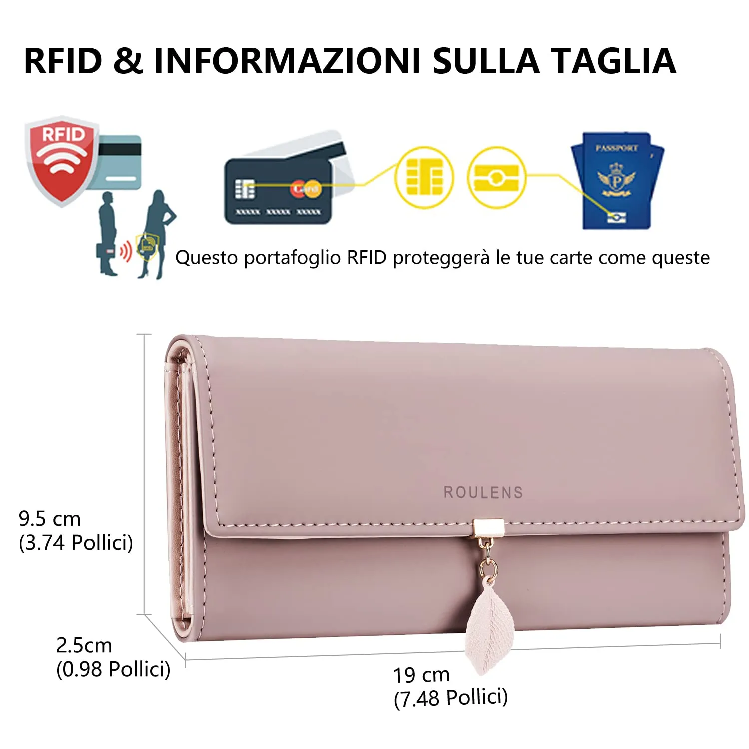 Roulens Portafoglio da donna in pelle sintetica con blocco RFID e bottoni a pressione a forma di foglia - immagine 2