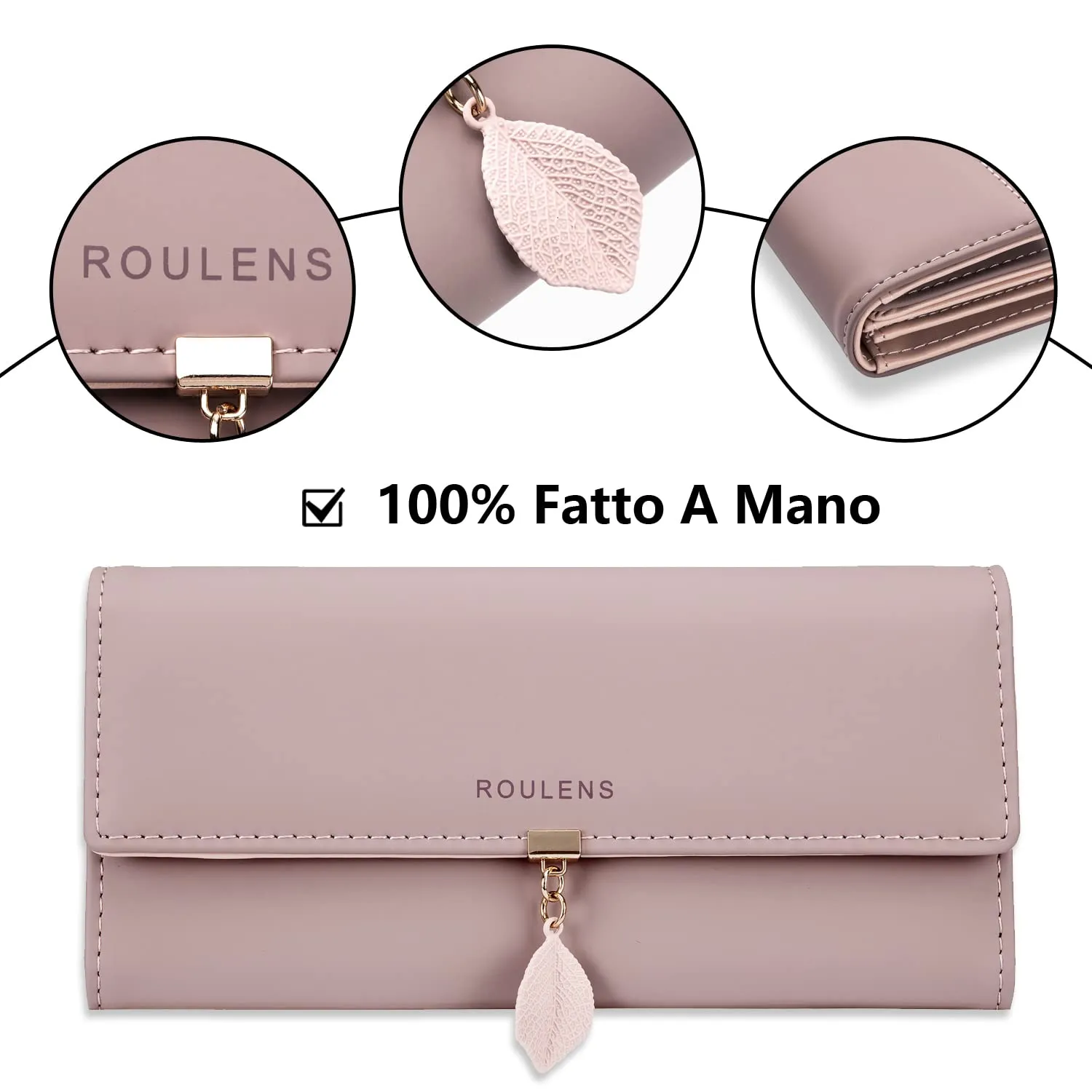 Roulens Portafoglio da donna in pelle sintetica con blocco RFID e bottoni a pressione a forma di foglia - immagine 4