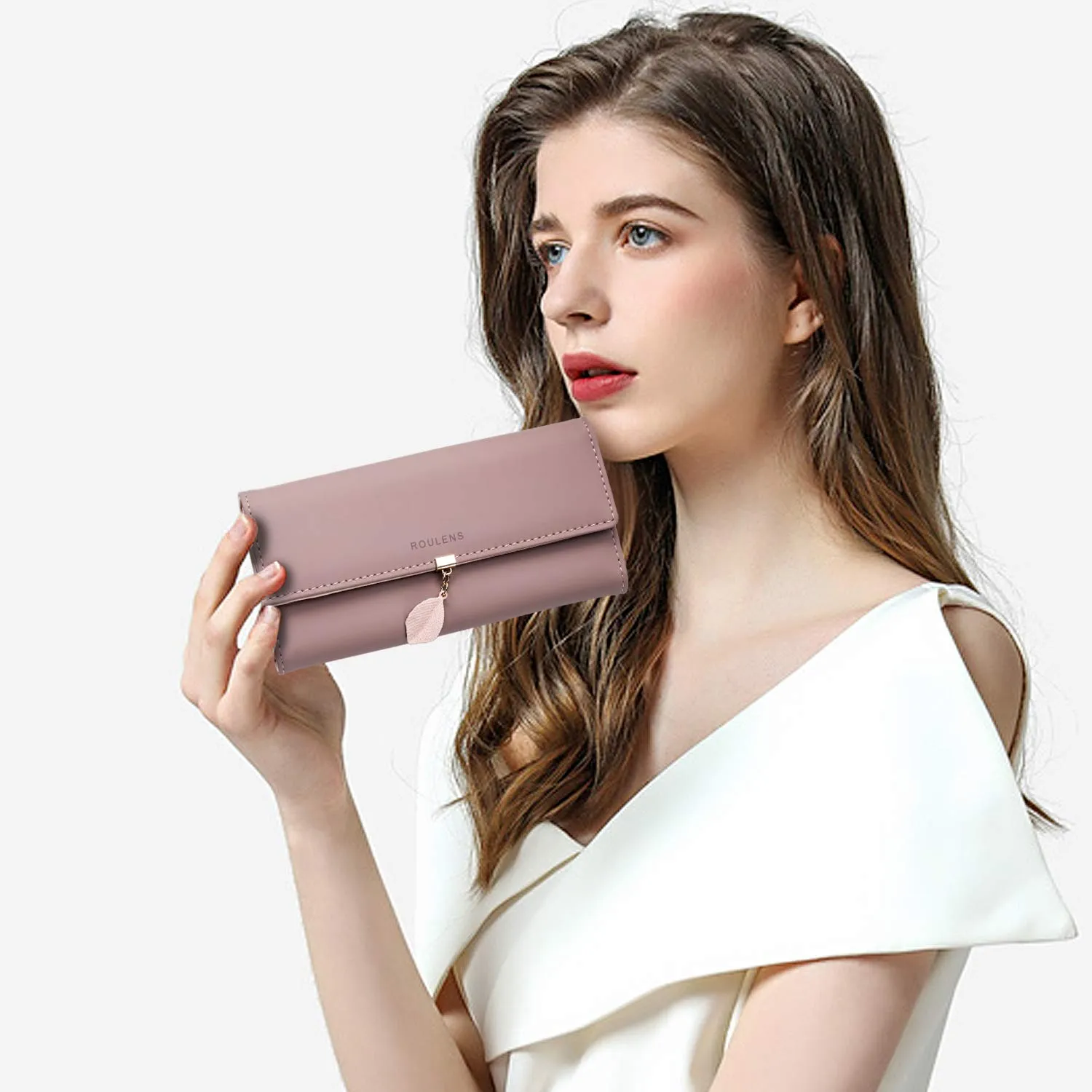 Roulens Portafoglio da donna in pelle sintetica con blocco RFID e bottoni a pressione a forma di foglia - immagine 6