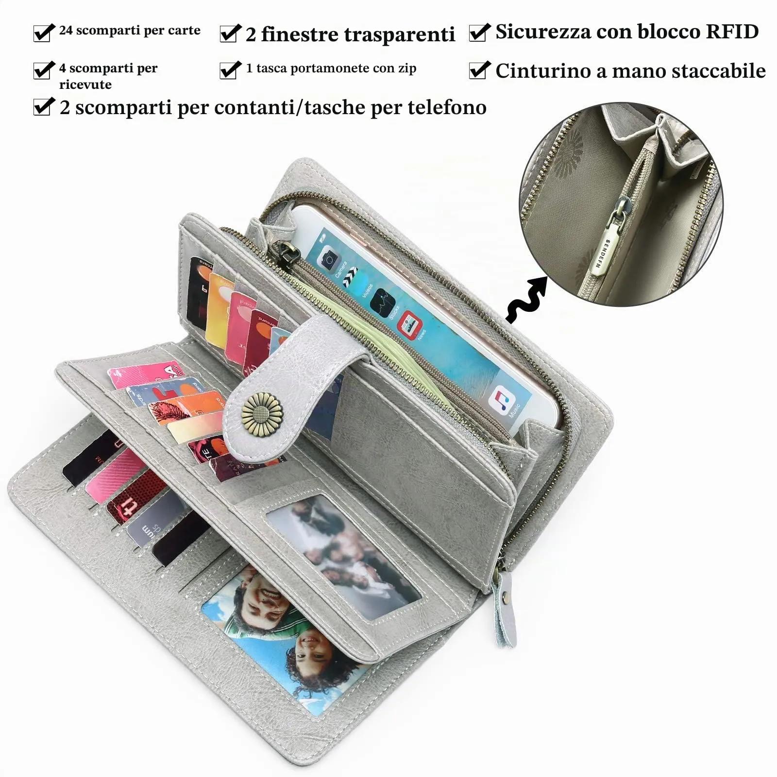 SENDEFN Portafoglio Donna in Vera Pelle con Blocco RFID, Cerniera e 24 Slot per Carte - immagine 6