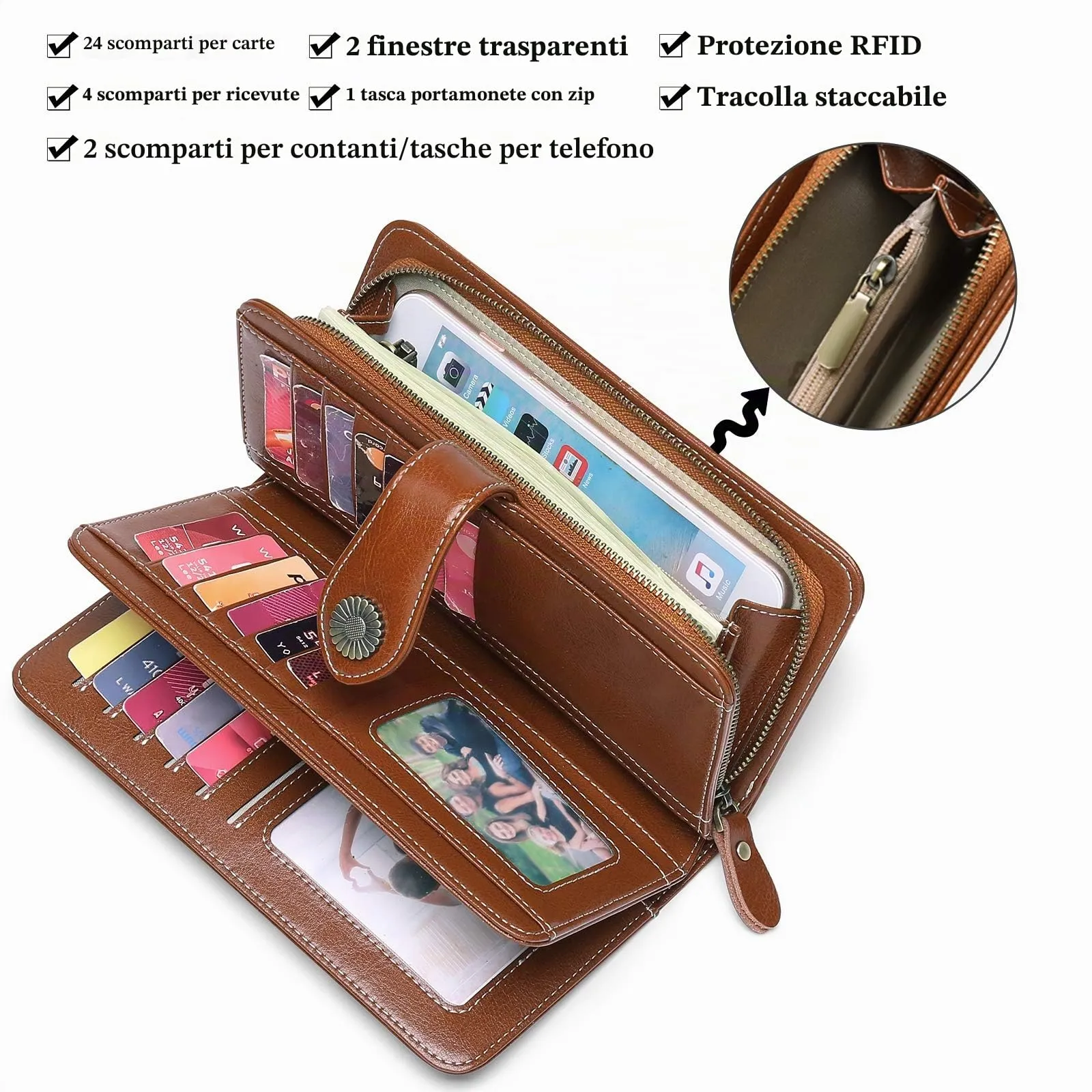 SENDEFN Portafoglio Donna in Pelle con Blocco RFID, Portamonete con Cerniera e 24 Slot per Carte - immagine 6