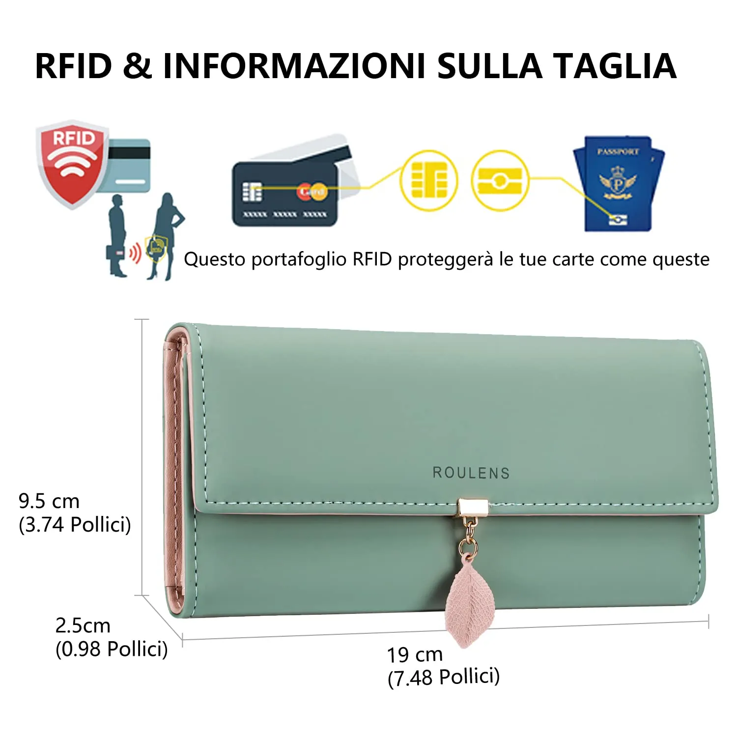 Roulens Portafoglio da donna in pelle sintetica con blocco RFID e bottoni a pressione a forma di foglia - immagine 2