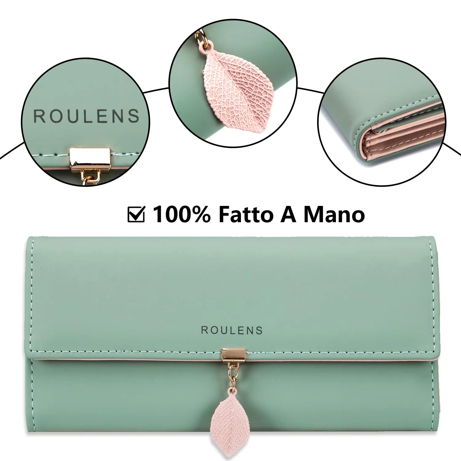 Roulens Portafoglio da donna in pelle sintetica con blocco RFID e bottoni a pressione a forma di foglia - immagine 4