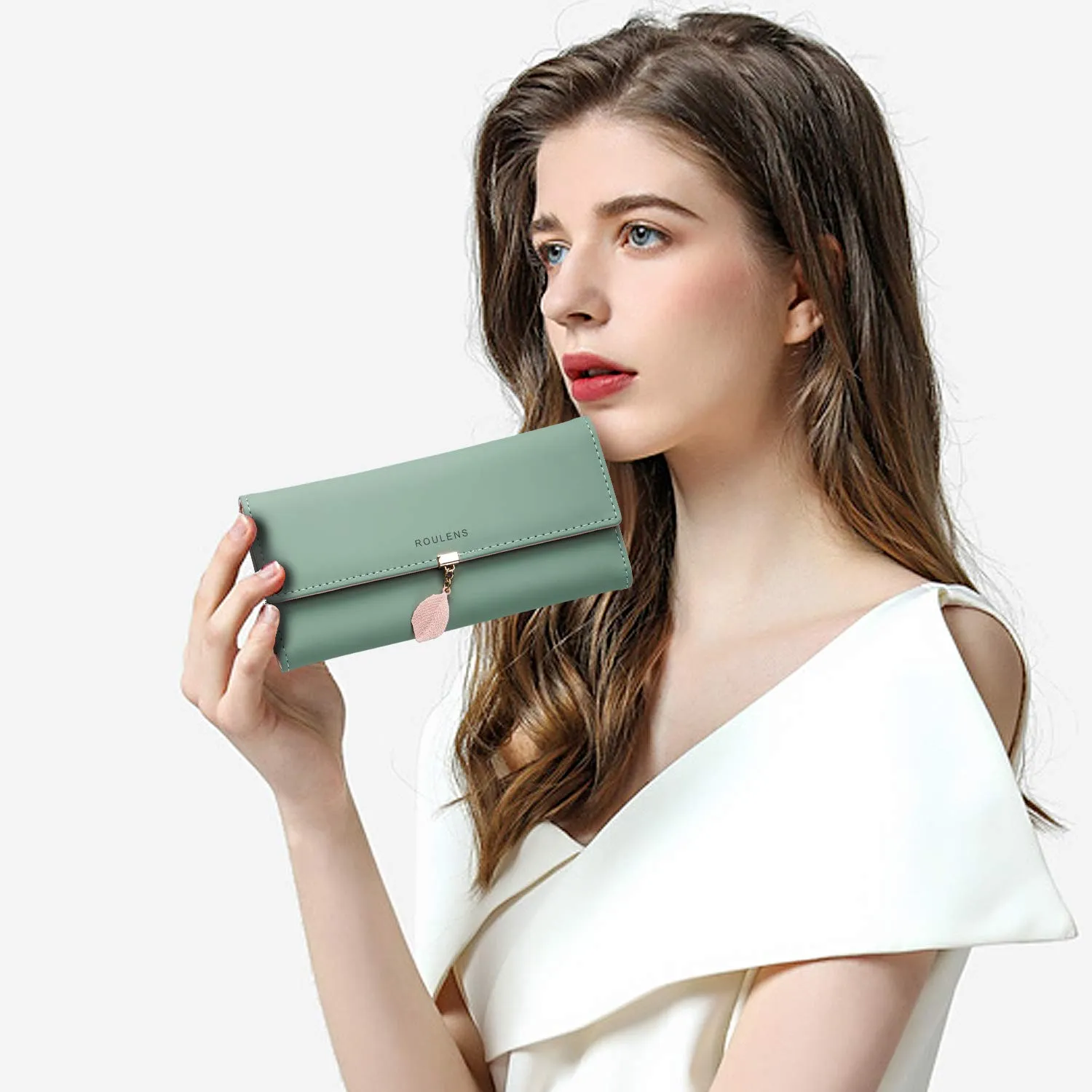 Roulens Portafoglio da donna in pelle sintetica con blocco RFID e bottoni a pressione a forma di foglia - immagine 6