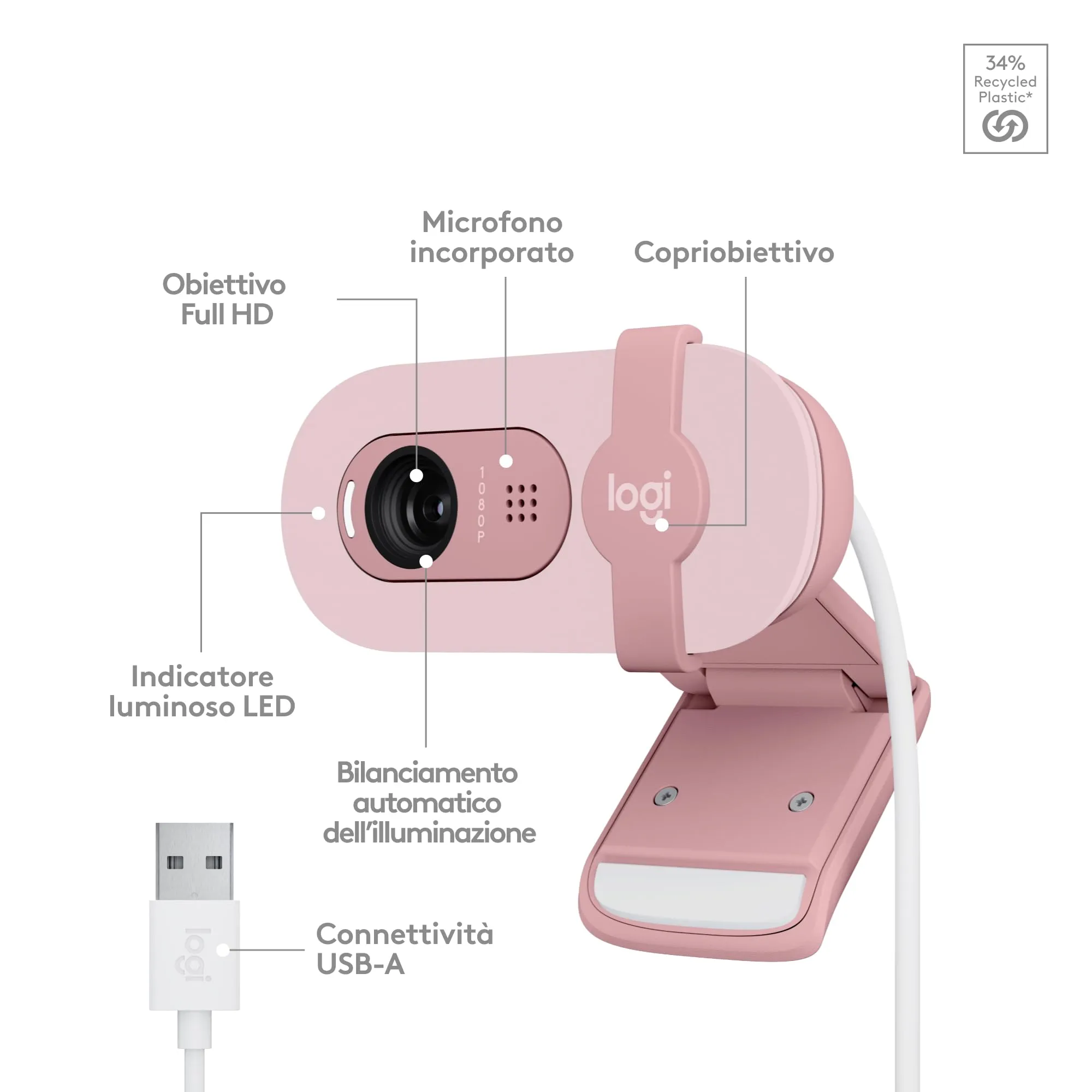 Logitech Brio 100 Full HD Webcam - Rosa - immagine 7