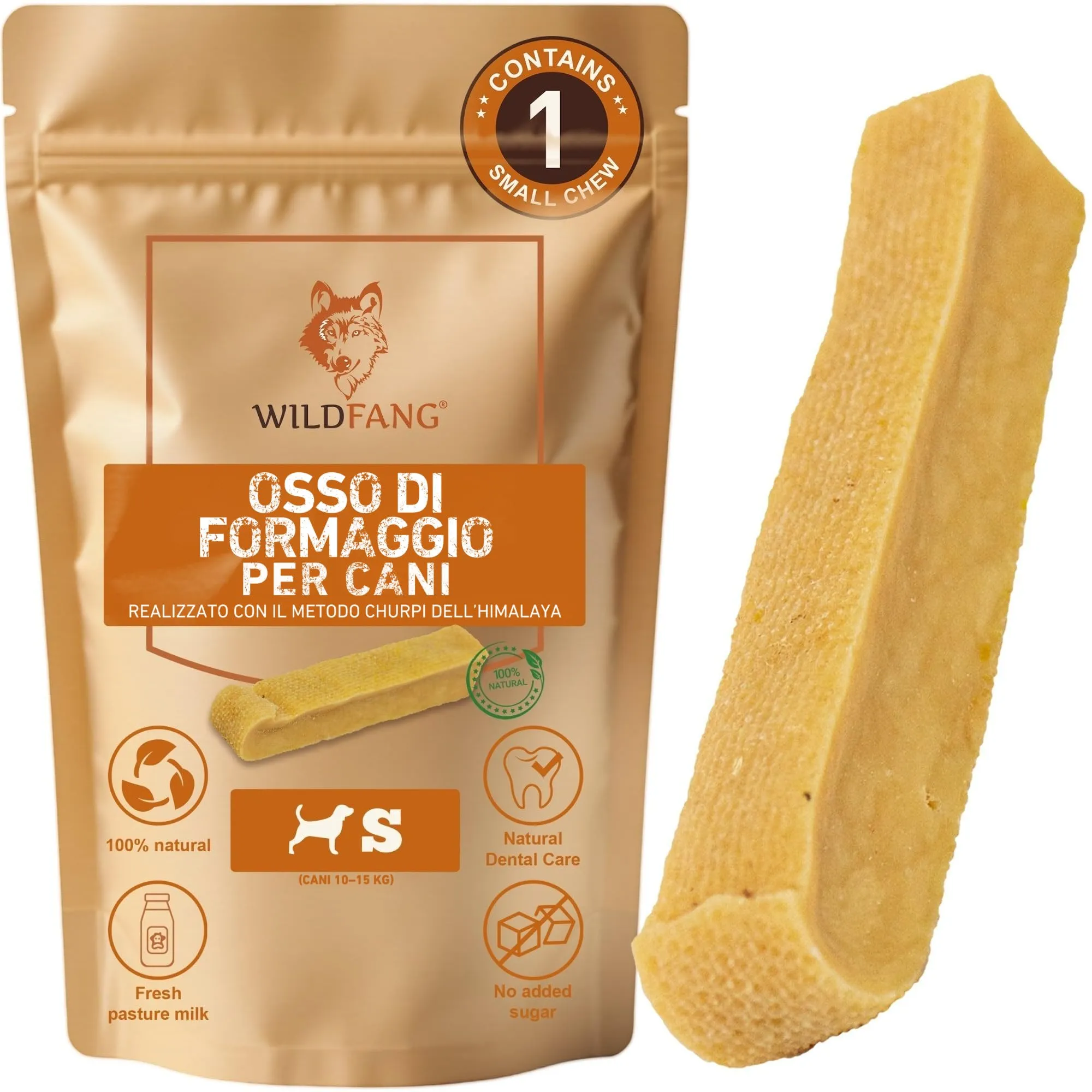 Wildfang Snack Formaggio Duro S per Cani 10–15 kg, Bastoncino da Masticare stile Himalayan Yak Churpi, 57 g, Confezione da 1 - immagine 1
